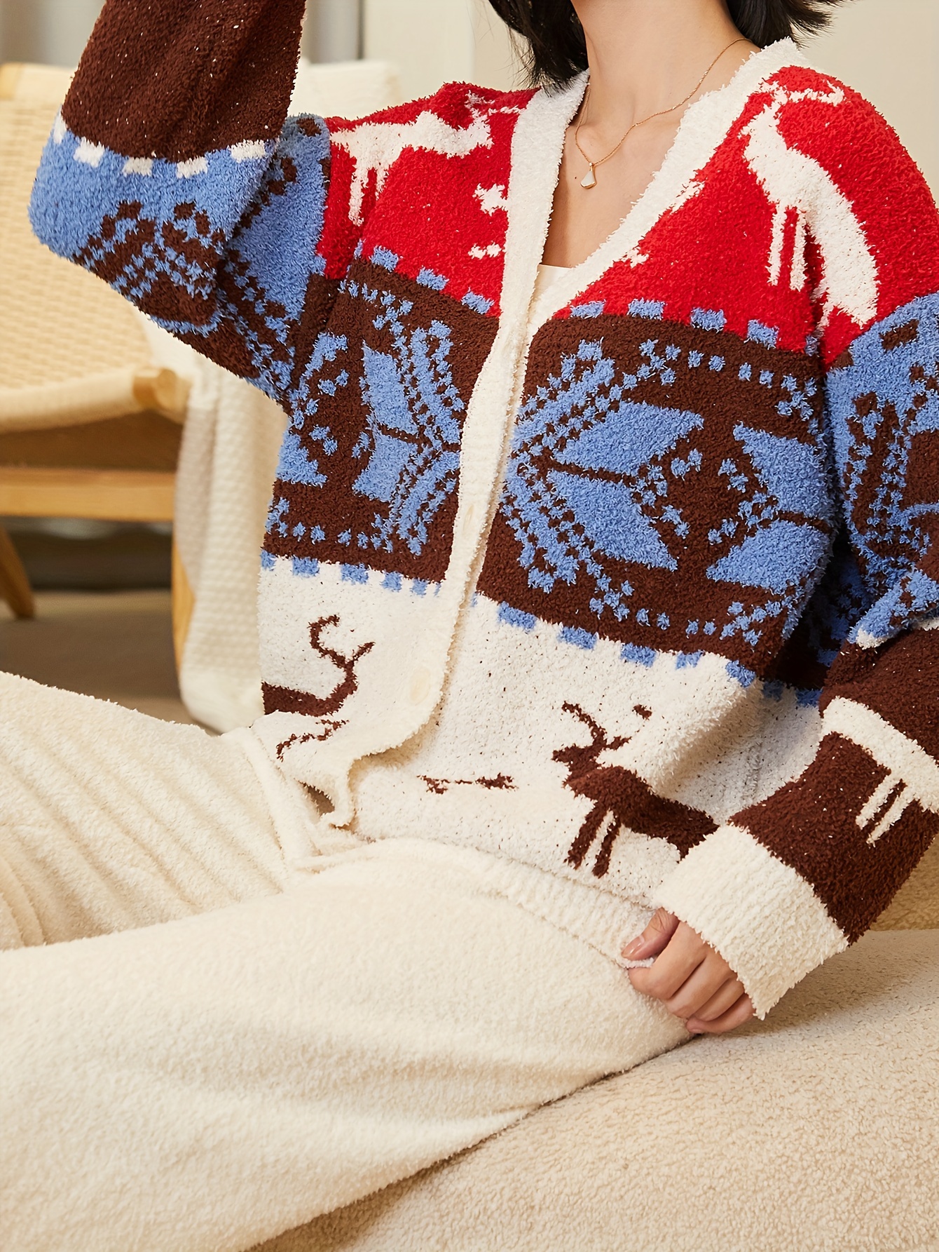 Women's Pajama Set Christmas Deer Print Long Sleeve Pants Fall Winter  Pajama Set
