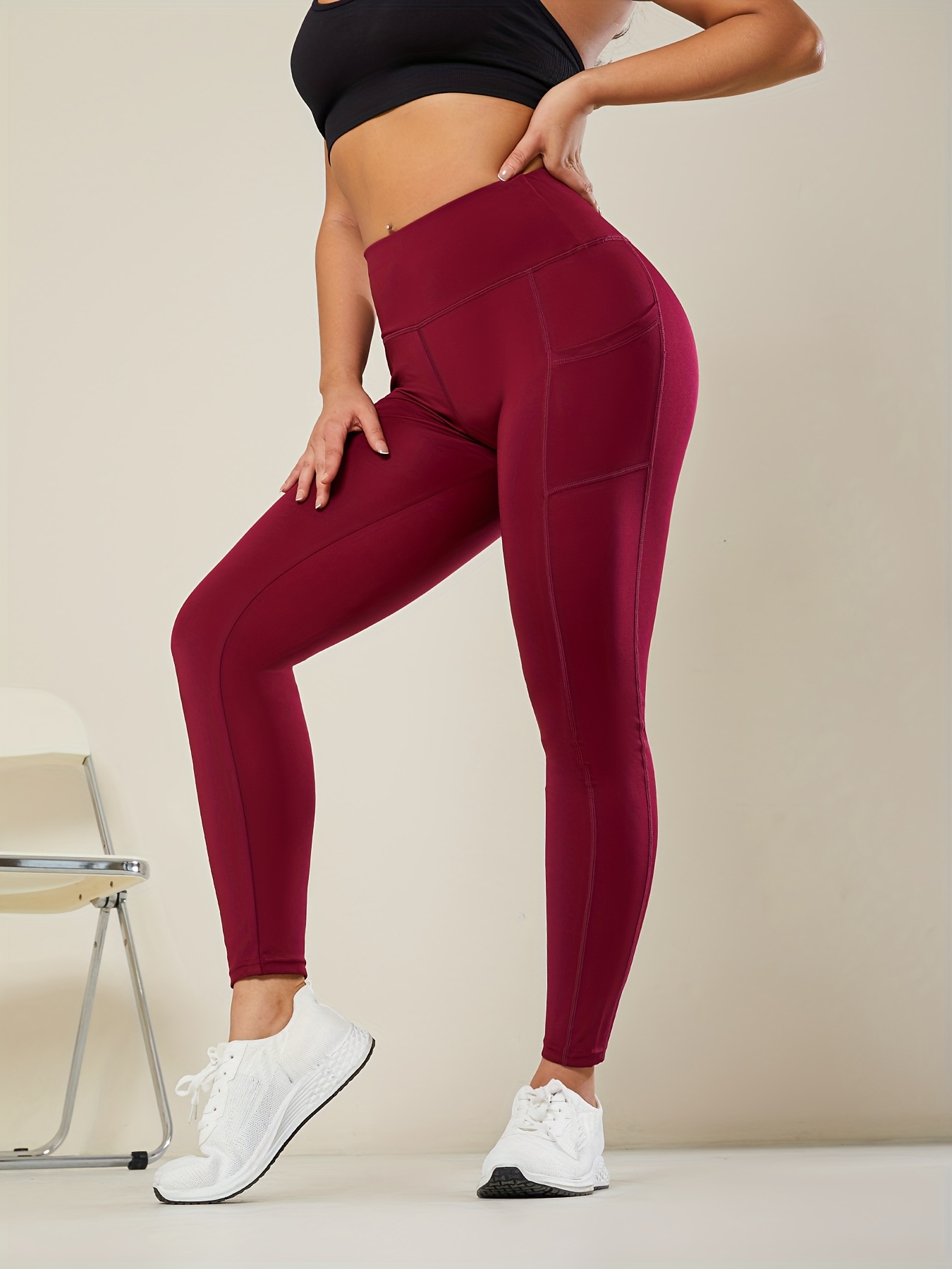 Solid Color Quick Drying High Waist Sports Leggings Pocket - Temu