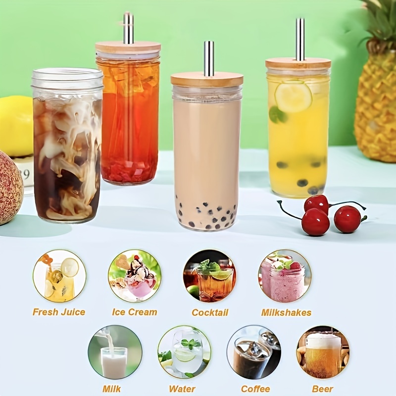 6pcs Set Glass Cups with Bamboo Lids and Glass Straw - Beer Can Shaped Drinking Glasses, 16 oz Iced Coffee Glasses, Cute Tumbler Cup for Smoothie