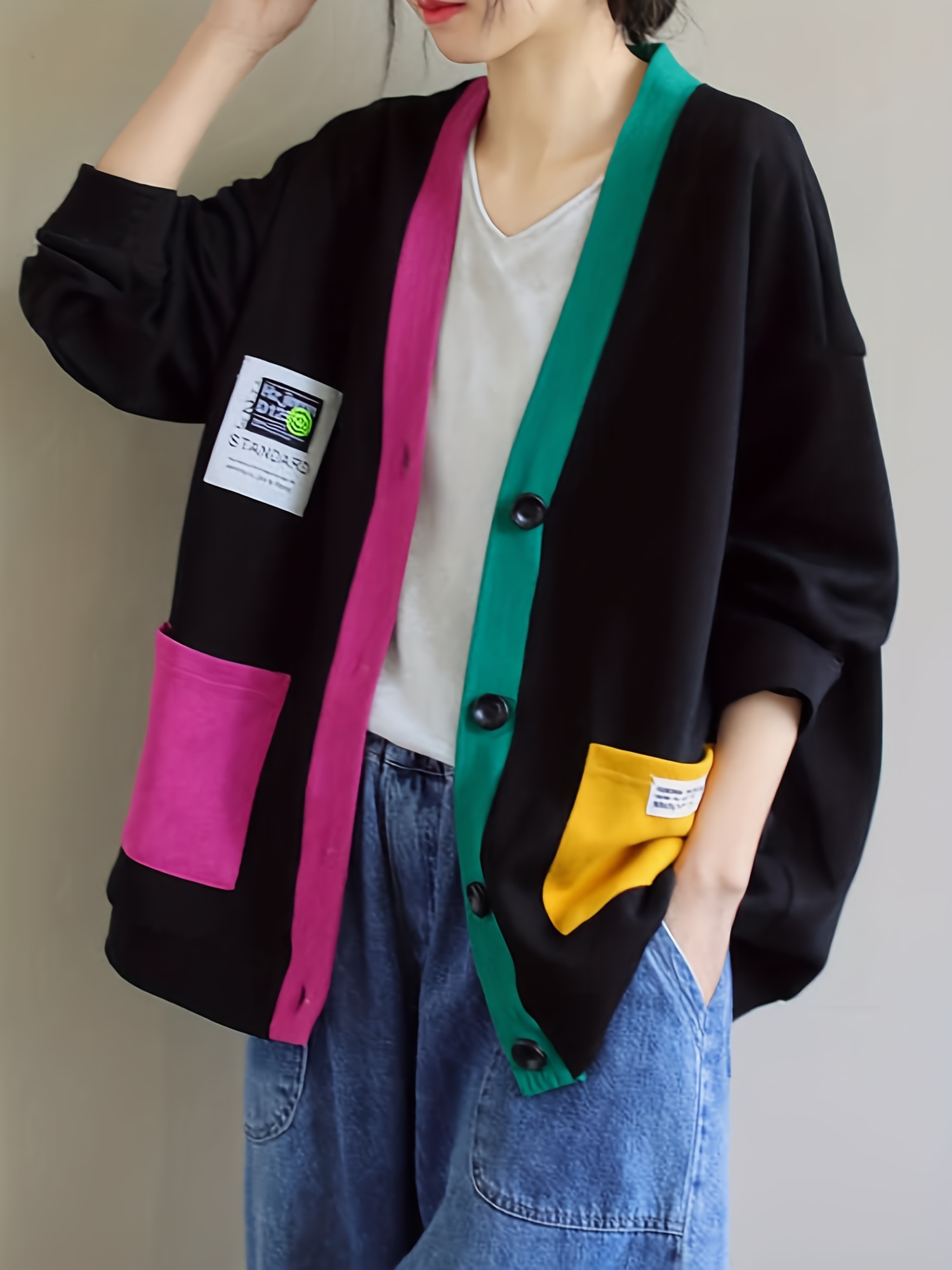 Women's Color Block Jacket: Drop Shoulder Long Sleeve Jacket for Women