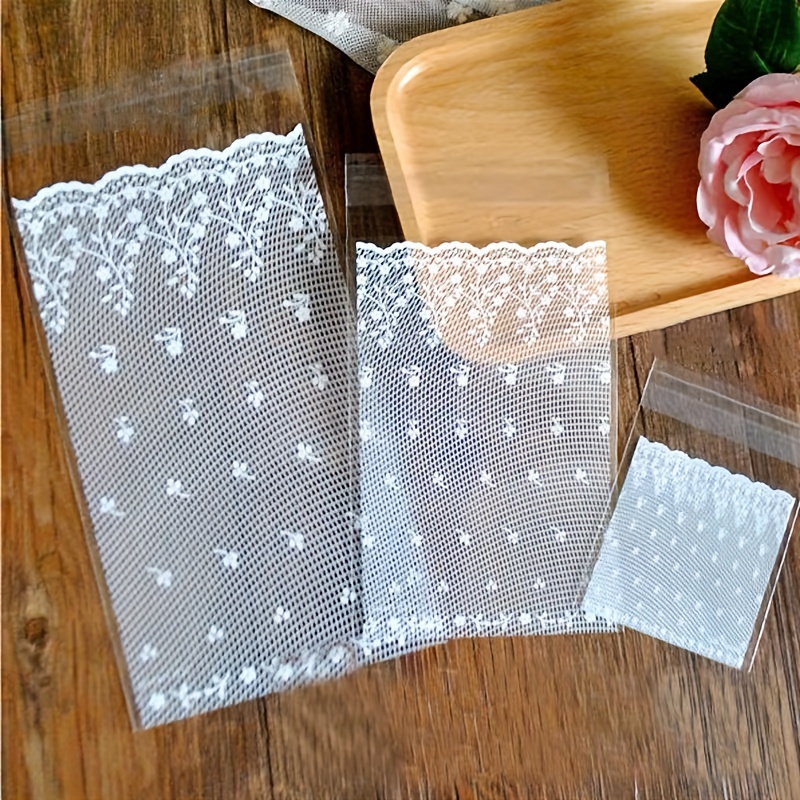 

100pcs Plastic Transparent Cellophane Bags, Lace Pattern Candy Cookie Gift Bag, Diy Self Adhesive Pouches, Wedding Birthday Party Supplies