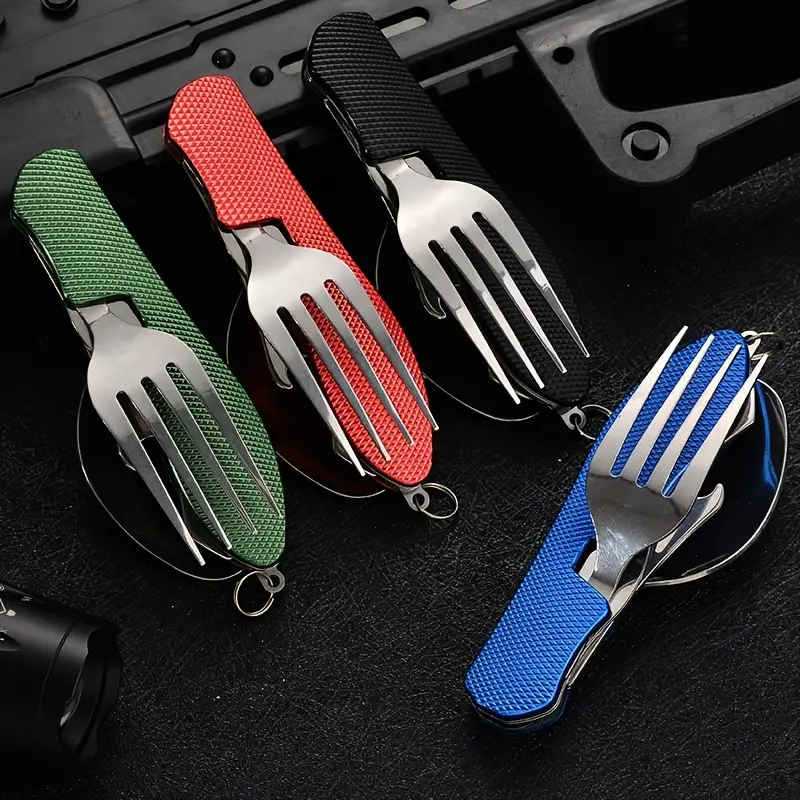 Stainless Steel Kitchen Utensil Set 7-in-1 Folding Tableware  (Fork/Knife/Spoon/Bottle Opener) for Camping Backpack Picnic Cutlery Set  Camp Knife Metal Working Tools and Equipment Utensil Tool Kit Green