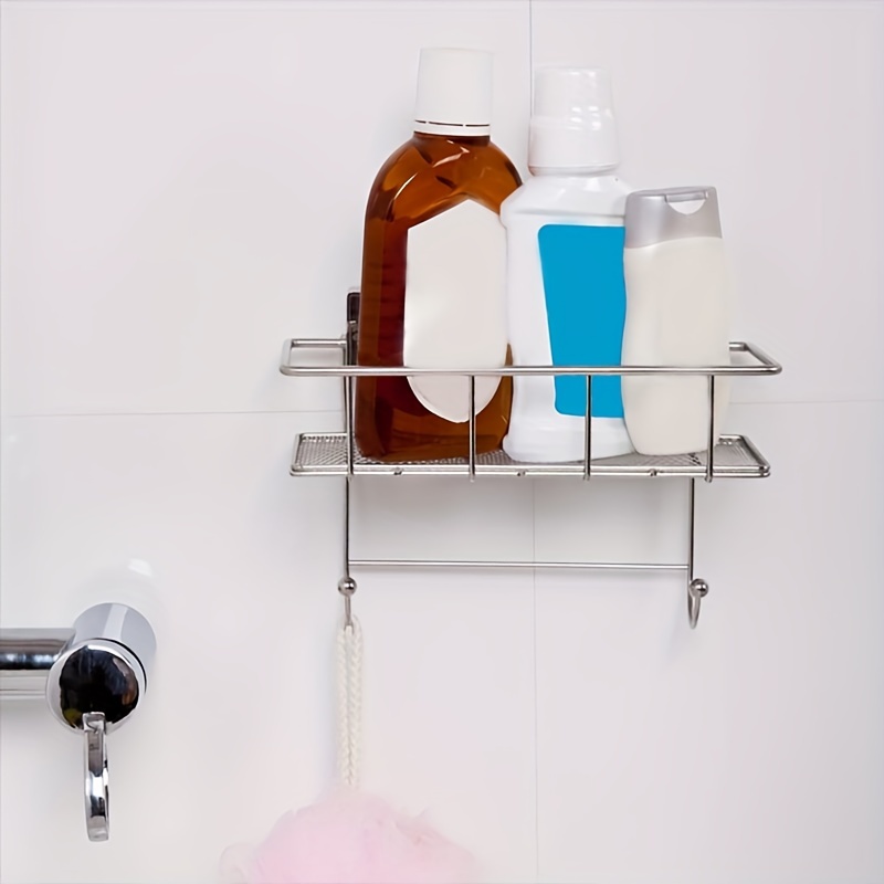 Stainless Steel Suction Cup Shower Caddy With 2 Hooks, Bathroom