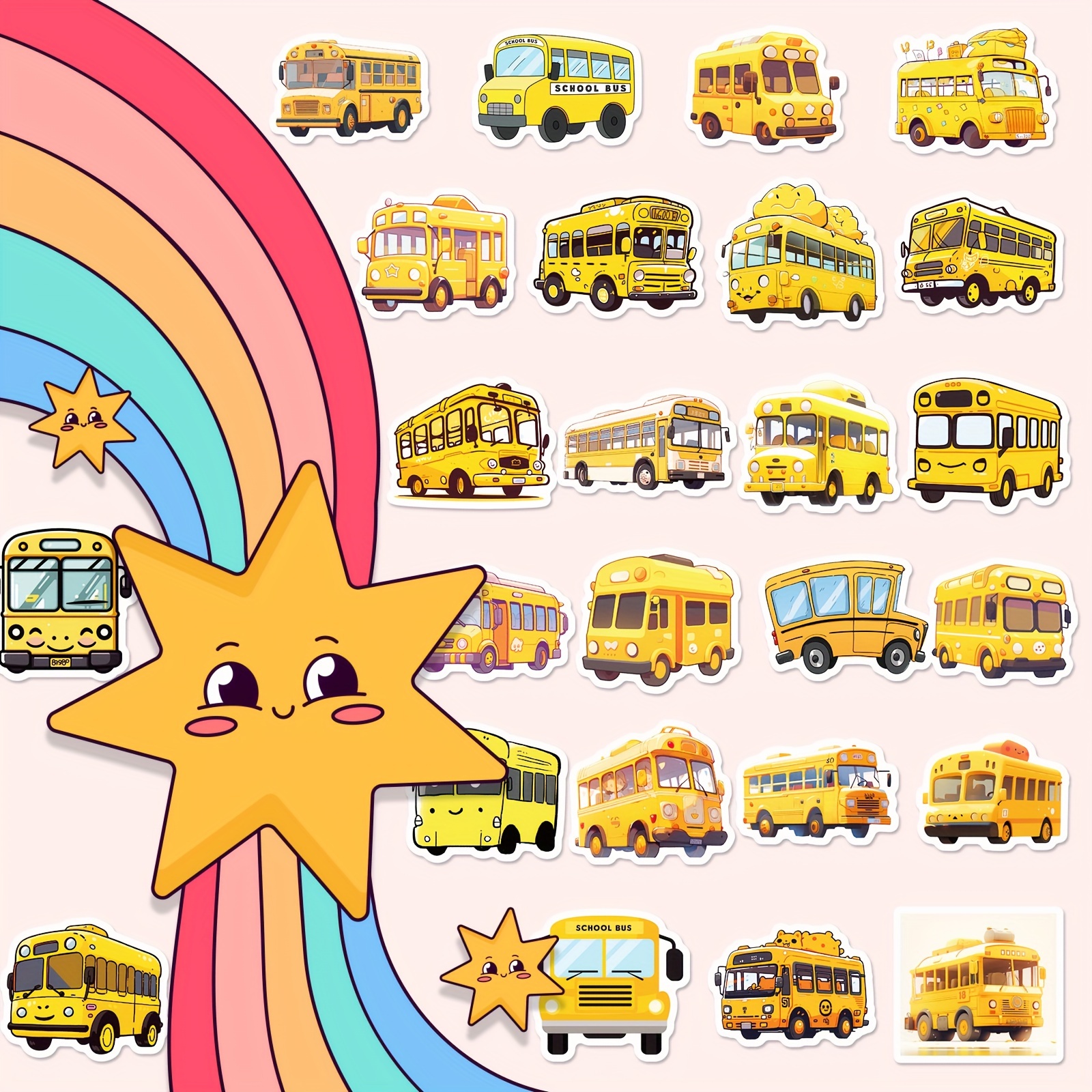 Cute Kawaii School Bus Stickers - Yellow Cartoon Bus Decals For Kids Rewards & Decor