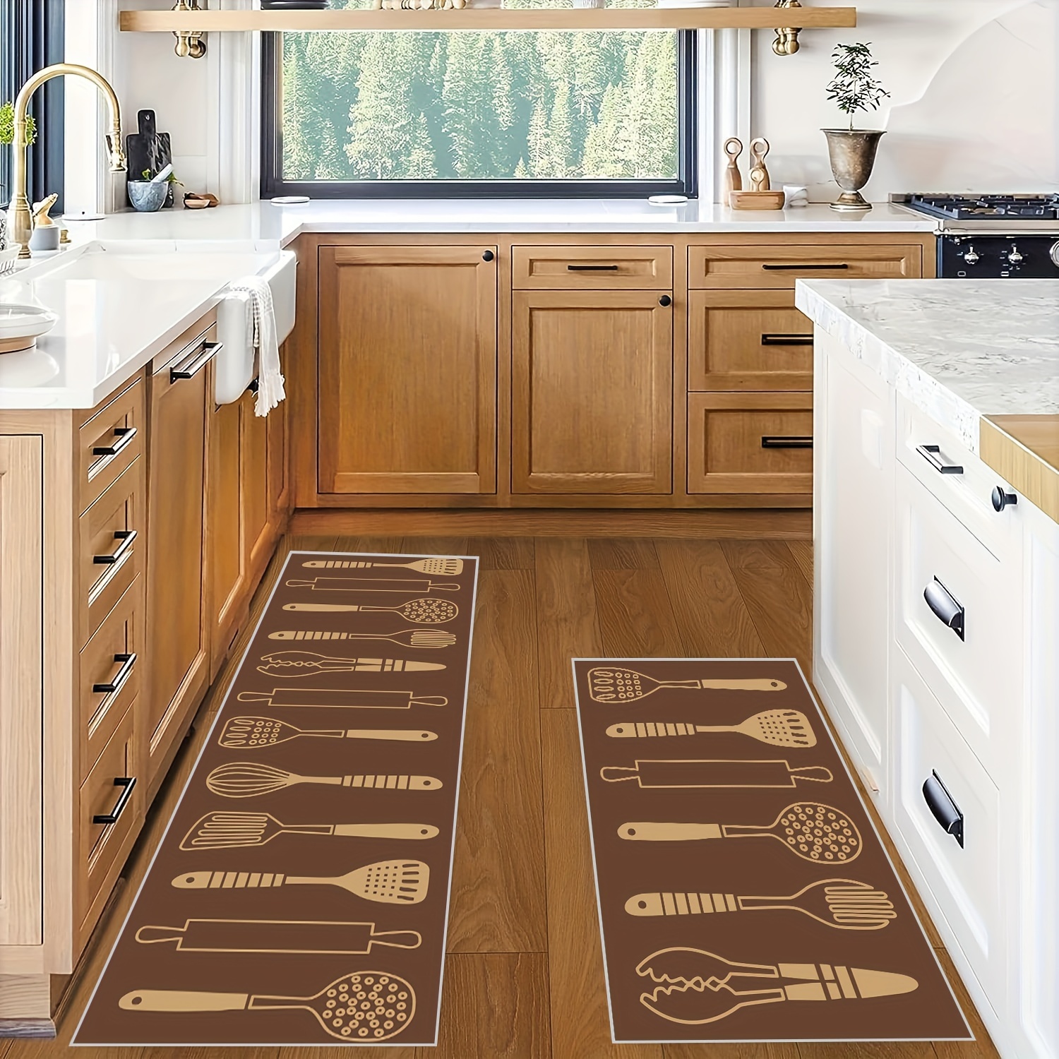 Kitchen Rug, Tableware Spoon Pattern Food Enthusiast Kitchen Mat