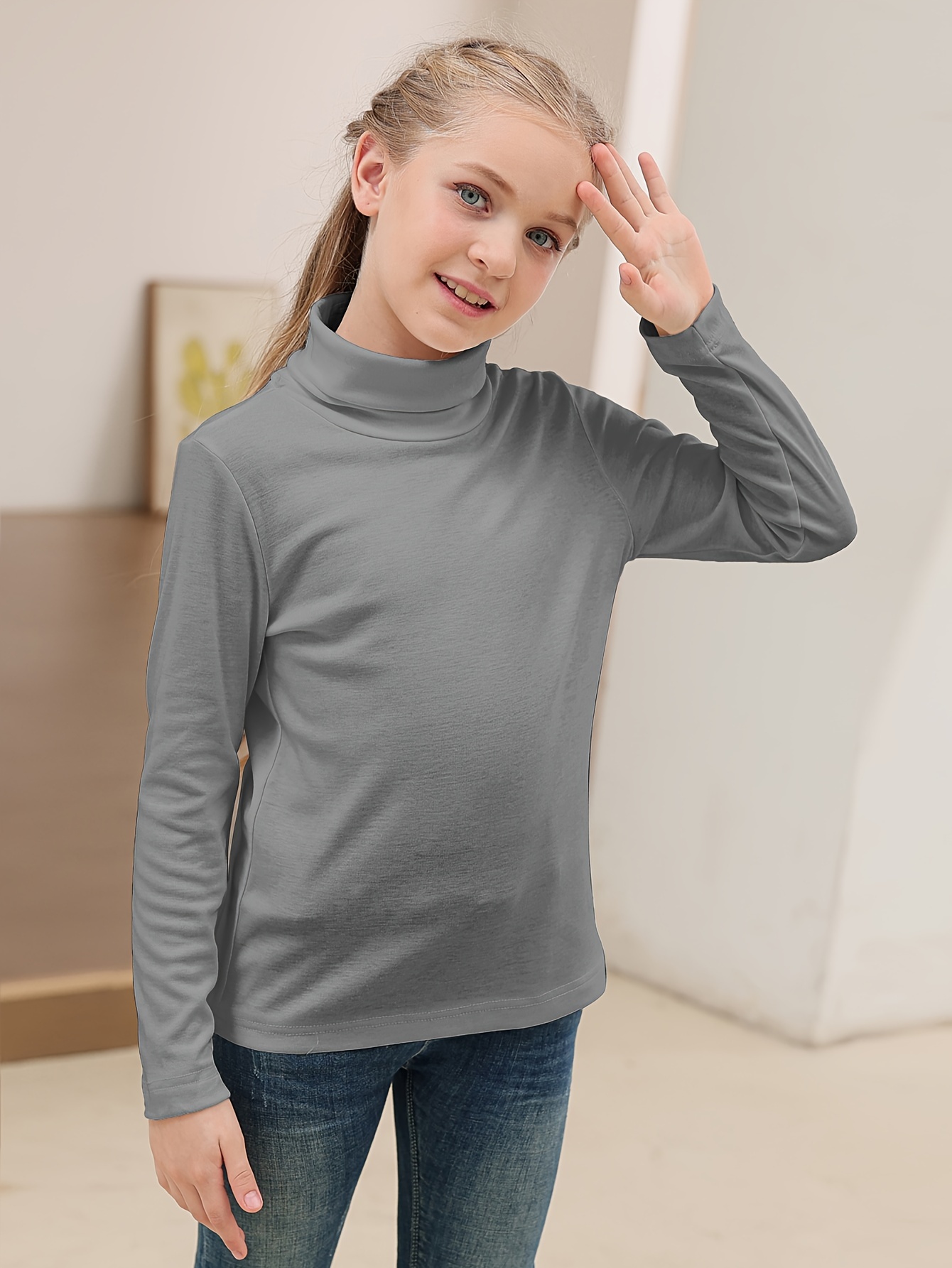 Camiseta de manga larga para niños y niñas, cuello alto, color liso, para  otoño e invierno