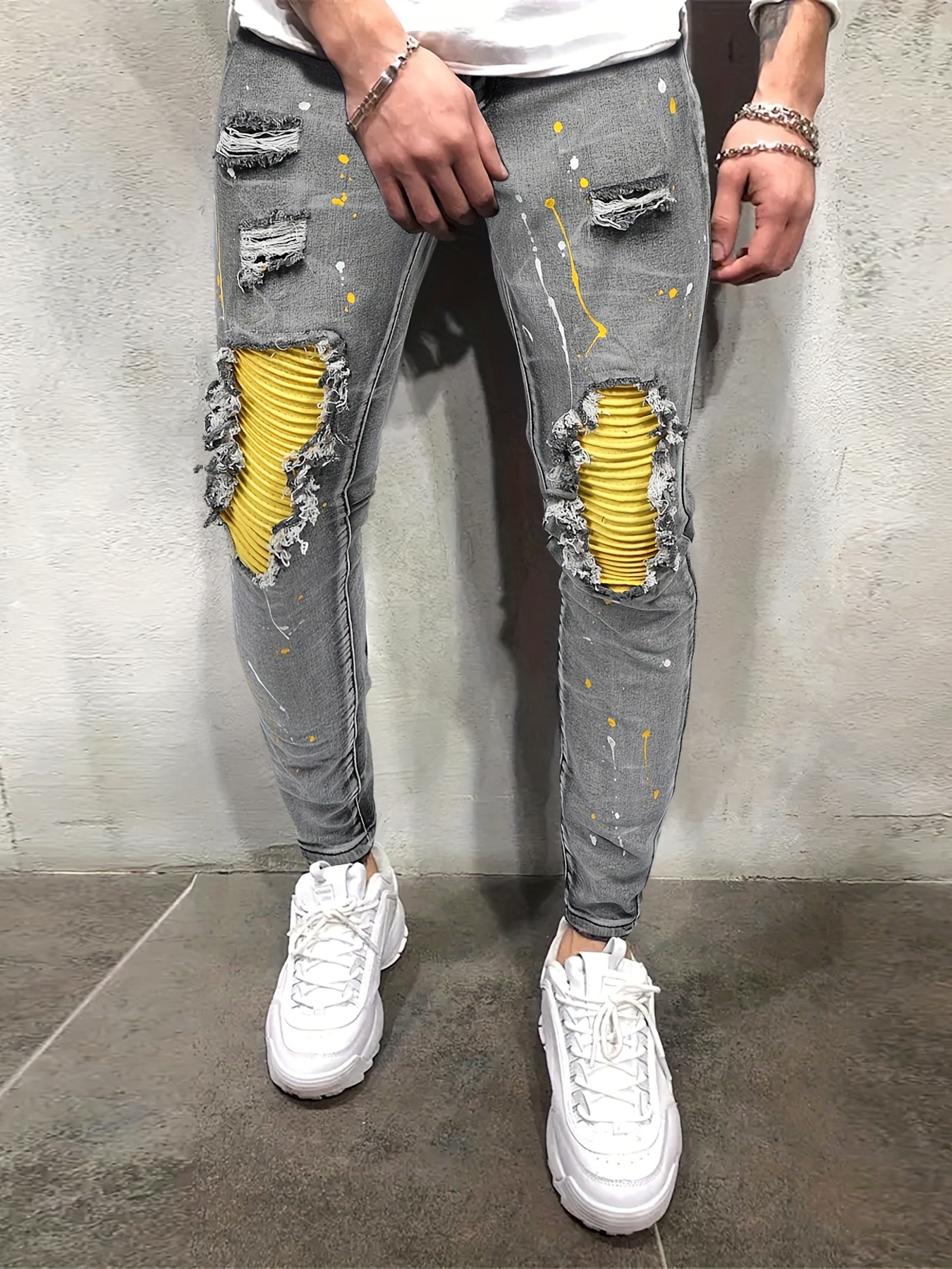 Paint Splatter Ripped Design Slim Fit Jeans Men's Casual - Temu Canada