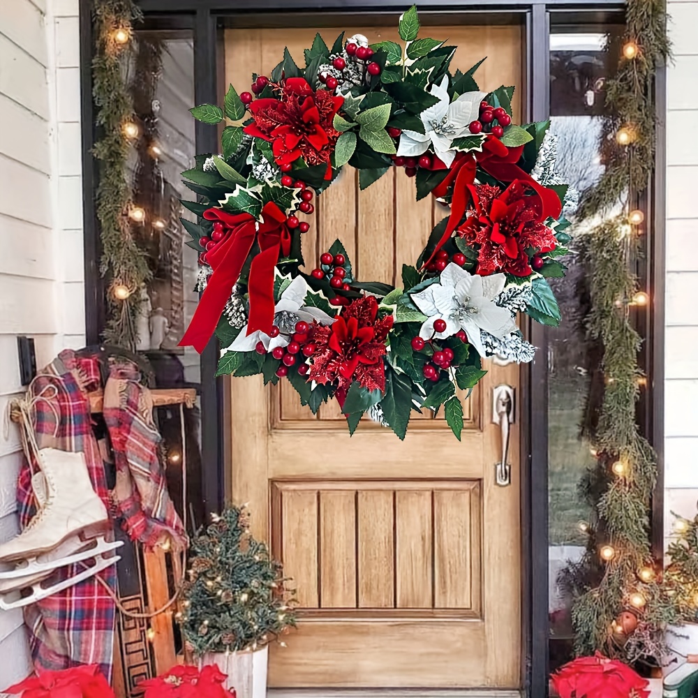 1pc 人工クリスマスリース赤い花メリークリスマスフロントドア飾り壁花輪ライト用パーティーの装飾クリスマス装飾 2023