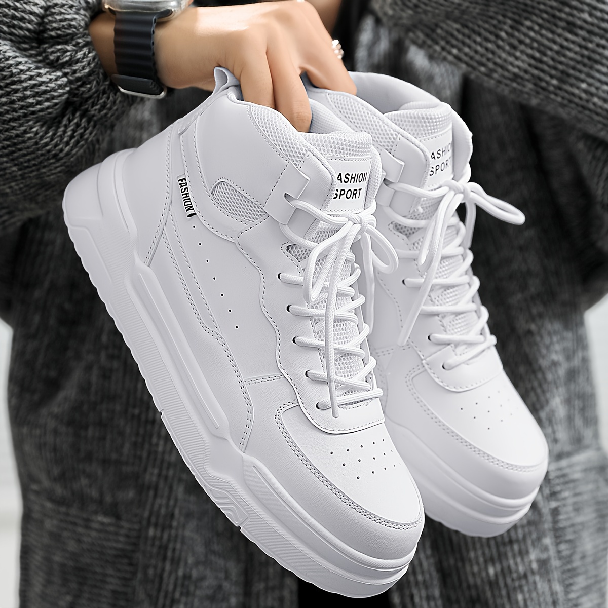 Men's Solid High Top Skate Shoes, Comfy Non Slip Lace Up Sneakers For Men's Outdoor Activities