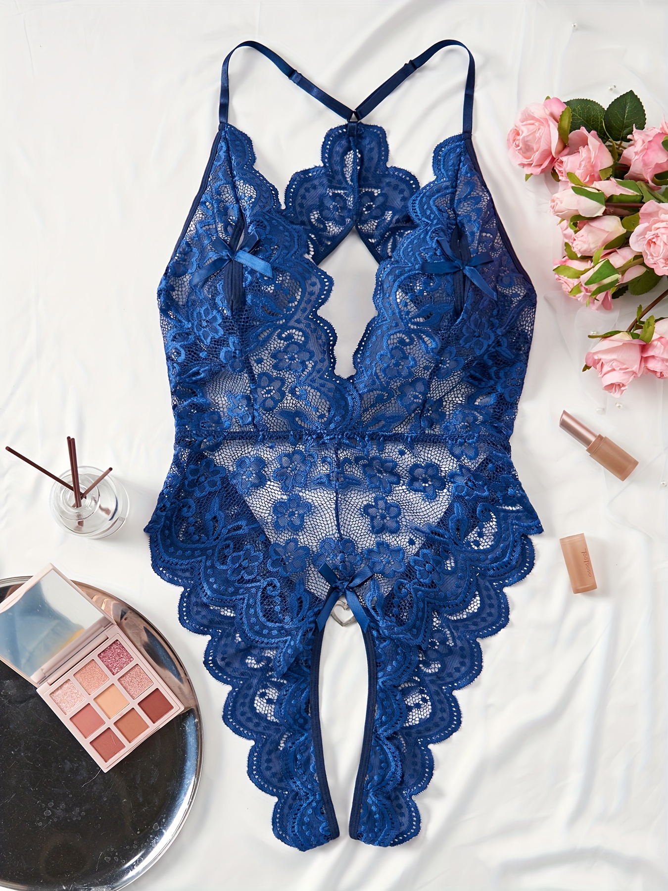 Floral Lace Halter Strappy Teddy Deep V Backless Thong - Temu Canada