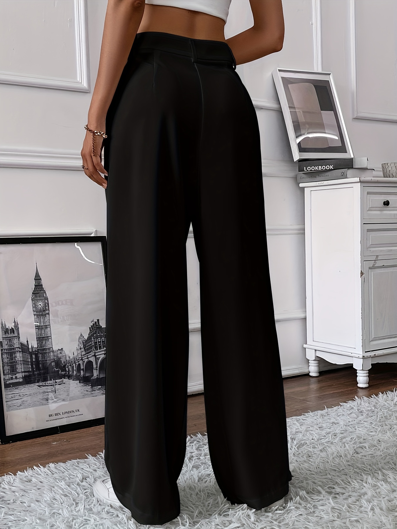 Solid Pleated Wide Leg Pants Elegant High Waist Pocket Pants - Temu Canada