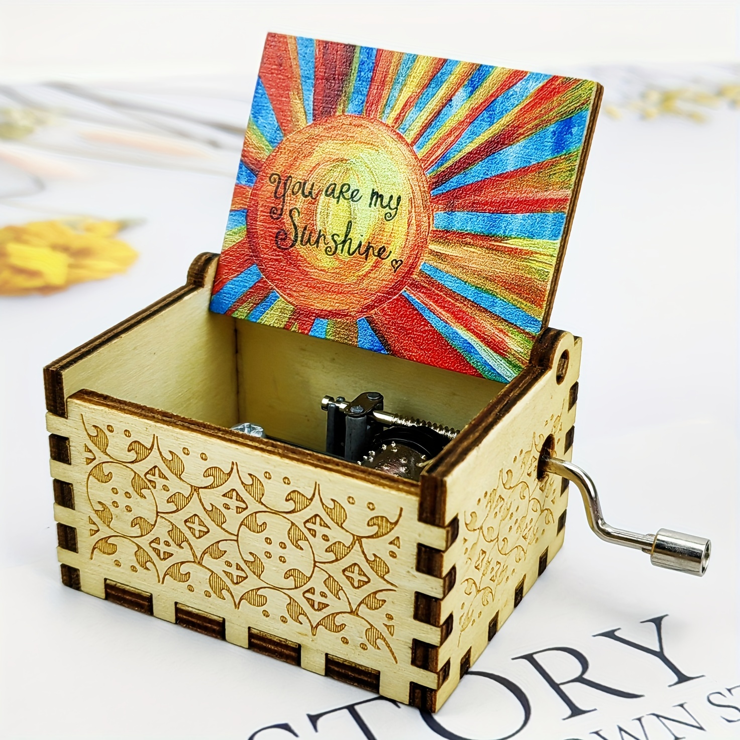 1 caja de música de regalo, caja musical con manivela de madera grabada con  láser vintage, juego de regalo You Are My Sunshine, único para mamá de hij