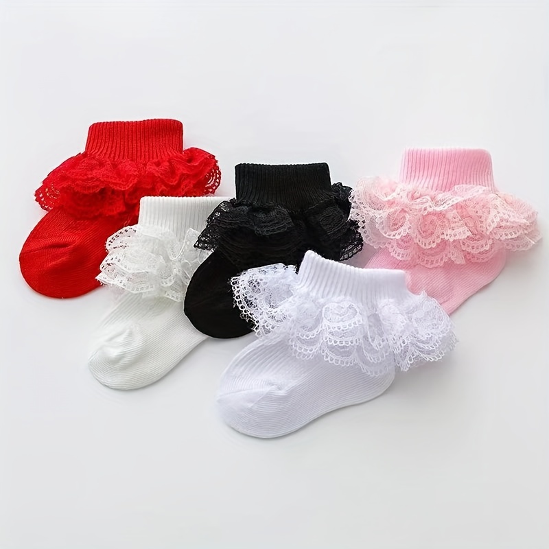 

5pairs Baby Girls Lace Ruffle Socks, Newborn Mesh Breathable Comfy Princess Socks For Summer, Children's Lace Socks