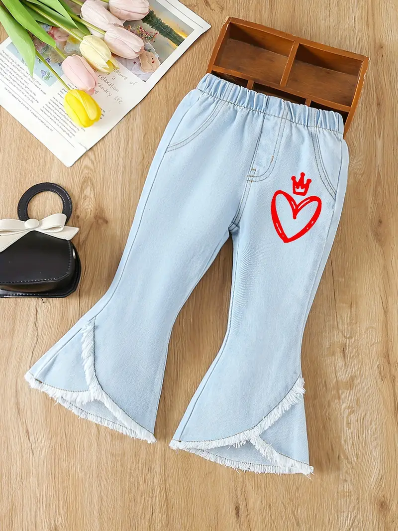Cute Red Hearts Print Toddler Girls Bell Bottom Jeans Casual - Temu