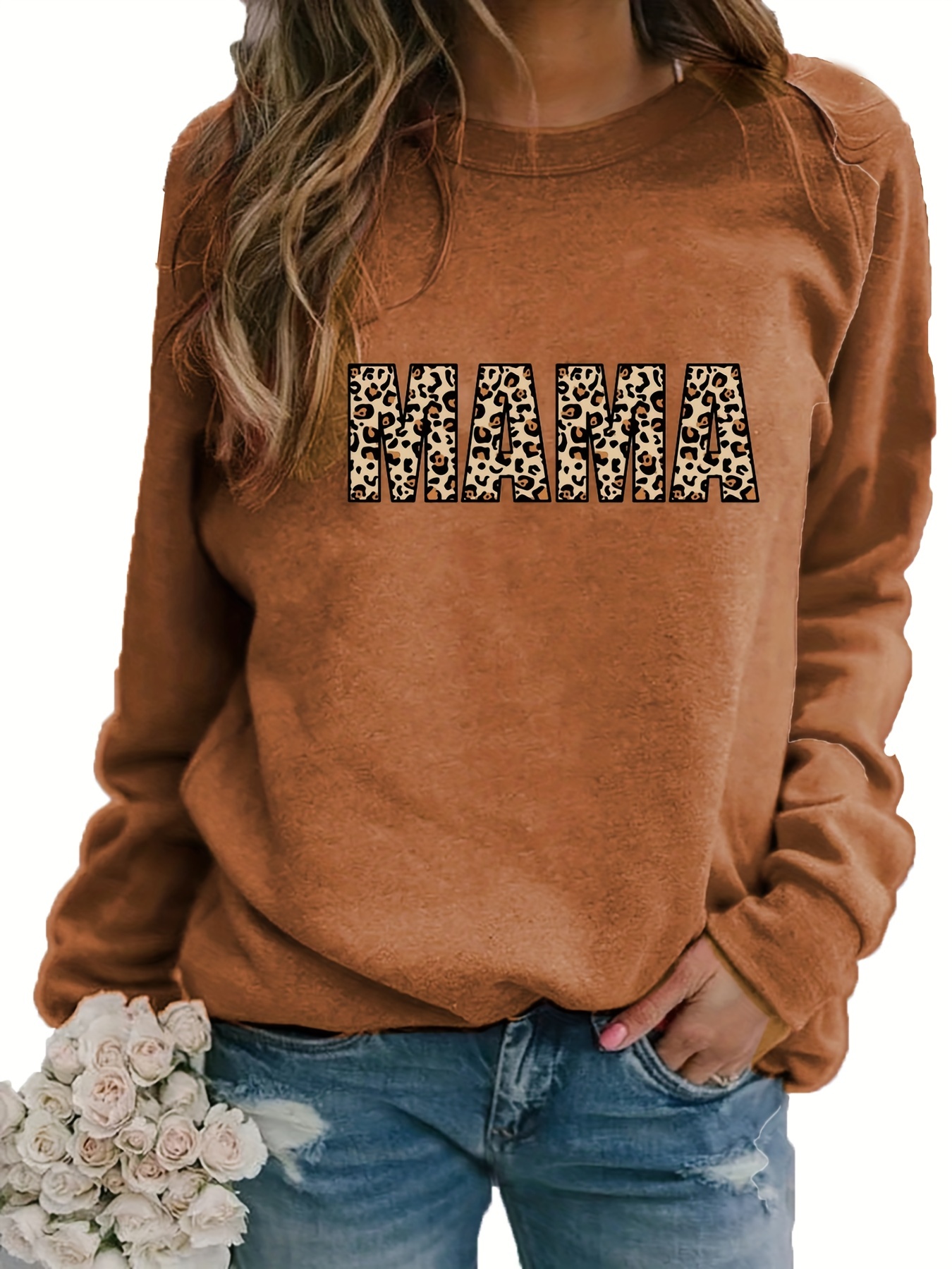 leopard letter print pullover sweatshirt casual long sleeve crew neck sweatshirt for fall winter womens clothing khaki 0