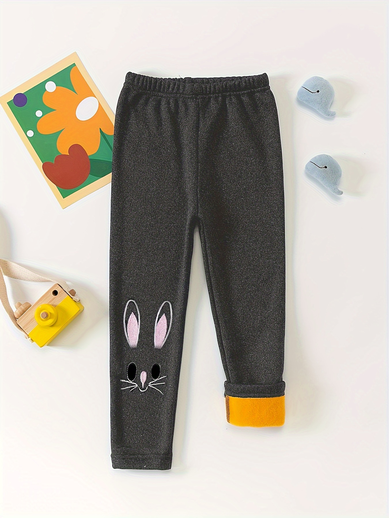 Bunny Embroidery Leggings Girls Thick Fleece Pants Fall - Temu