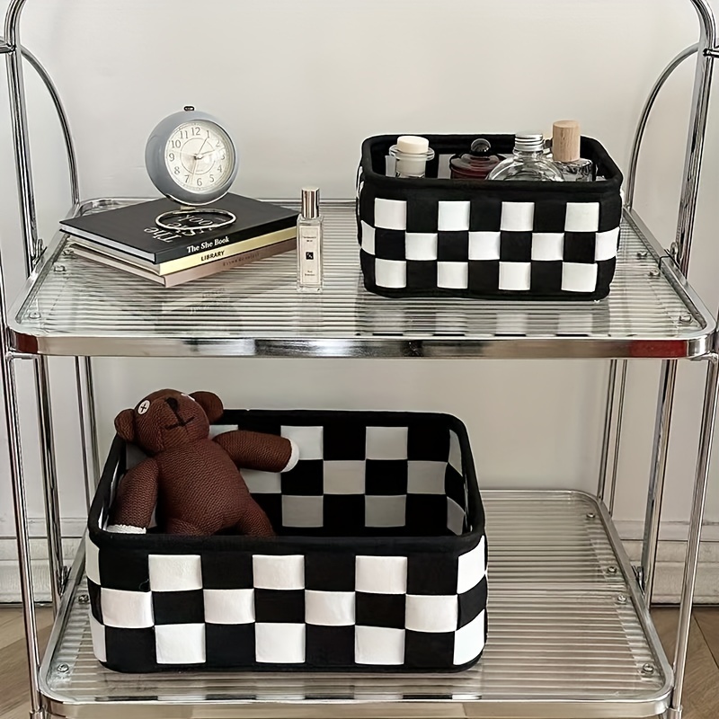 

1pc Black And White Checkered Storage Basket, Desktop Cosmetic Storage Organizer, Snacks, Sundries Finishing Basket, Bedroom Clothing Underwear Socks Storage Container, Children's Toy Storage Bin