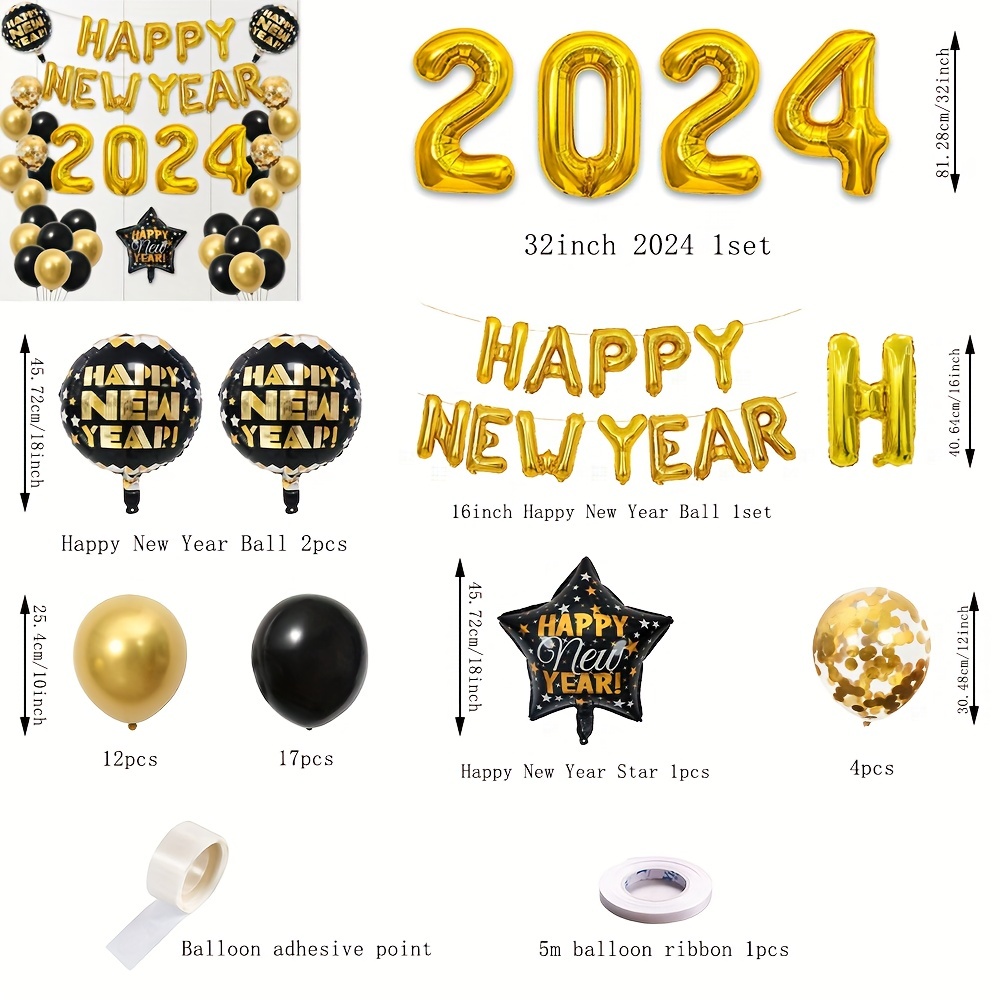  Gold Happy New Year Balloons, 16 Inch 2024 Balloons