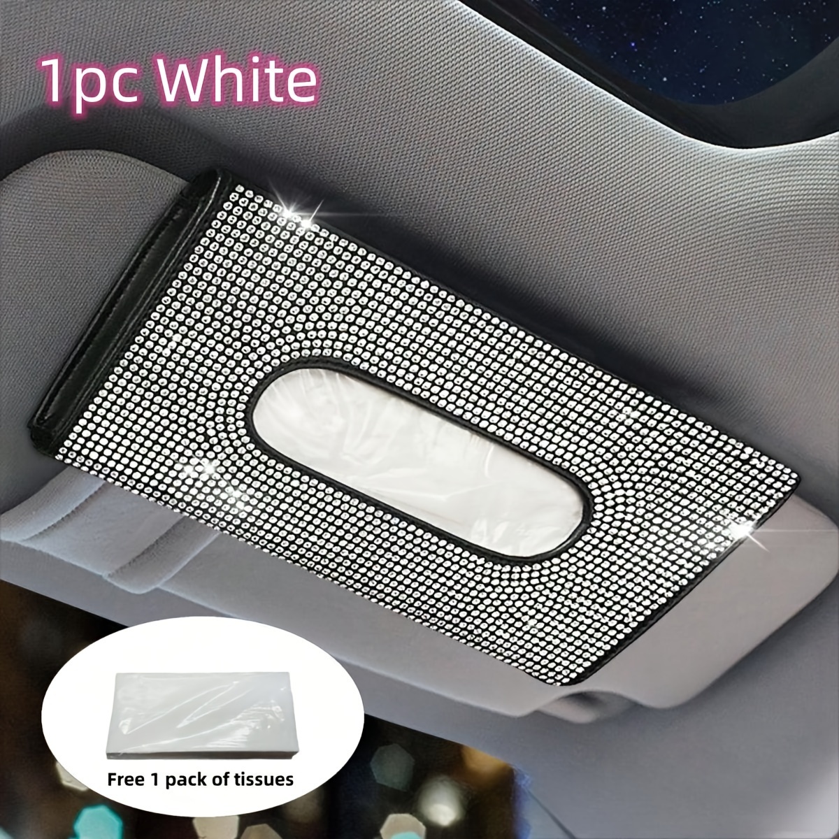 TEMU 1pc Car Tissue Box, Car Sun Visor Tissue Storage Box, Glitter Rhinestone Tissue Bag, Pu Leather Artificial Crystal Tissue Box