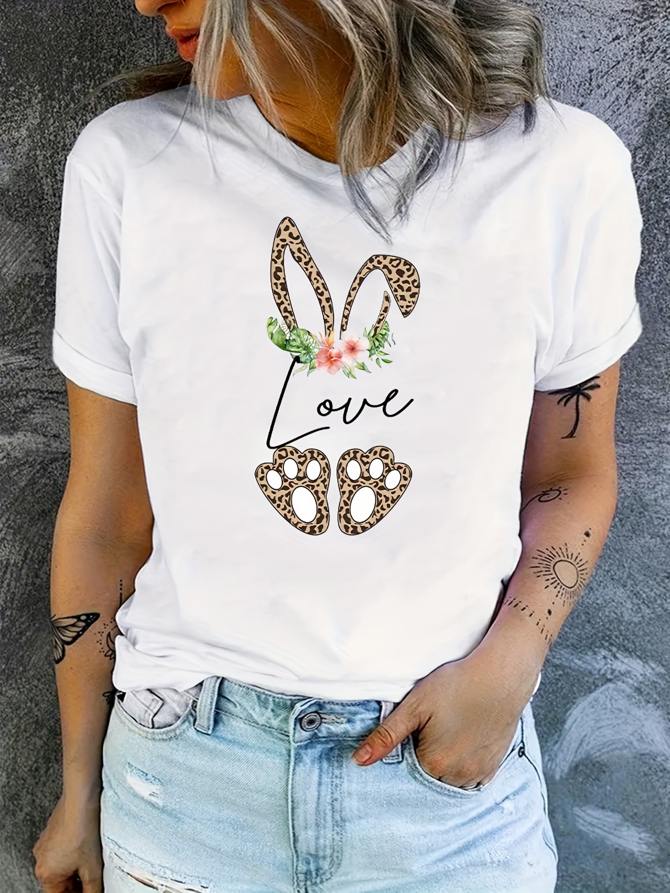 solid leopard flower print loose casual t shirts crew neck short sleeve comfort active casual tee womens summer tops