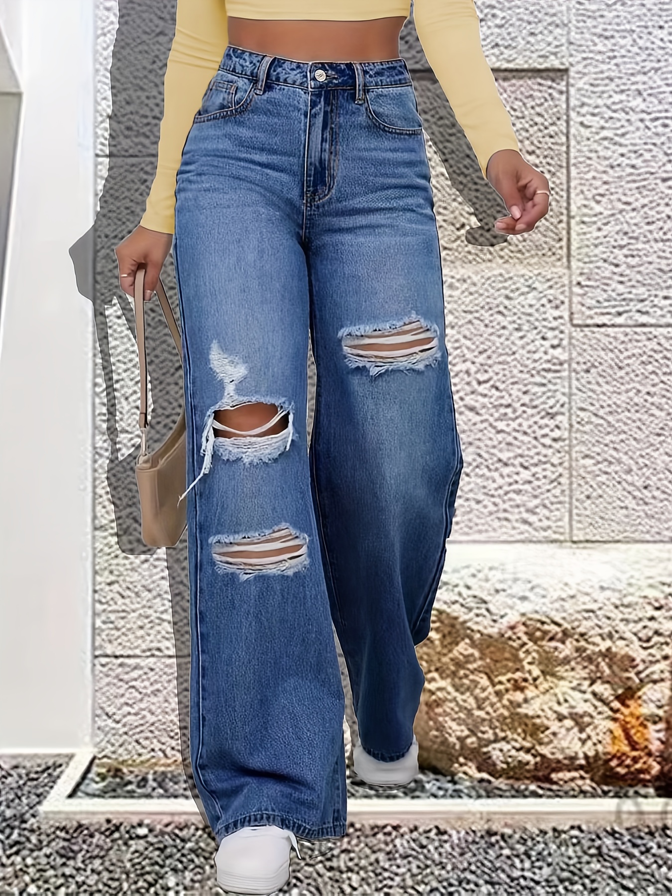 Ripped Straight Leg Loose Fit Jeans High Wide Legs - Temu Mexico