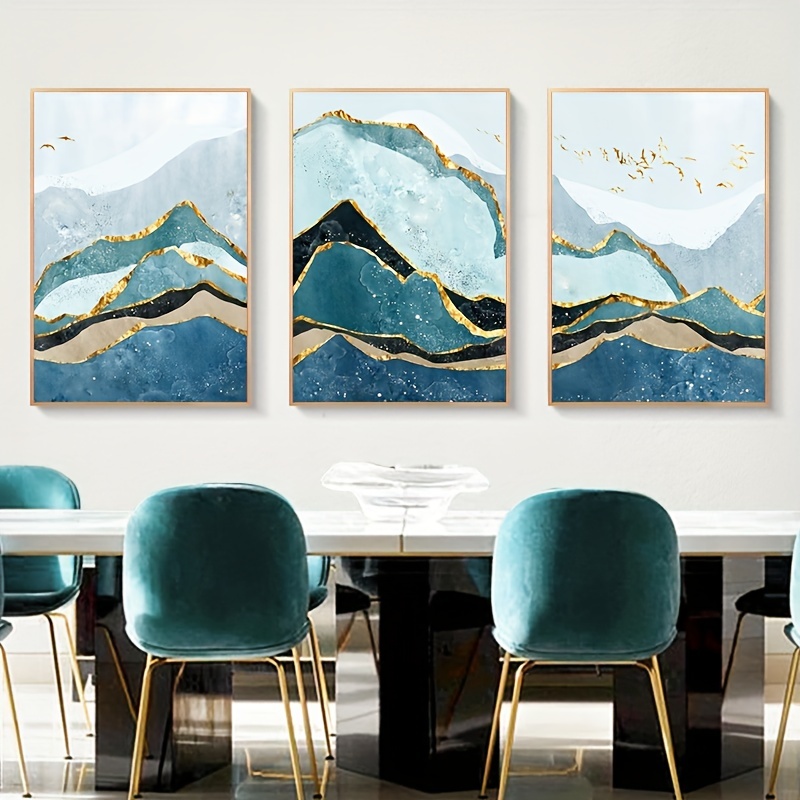 Modern Wall Art Painting Golden Blue Abstract Graphic Poster - Temu