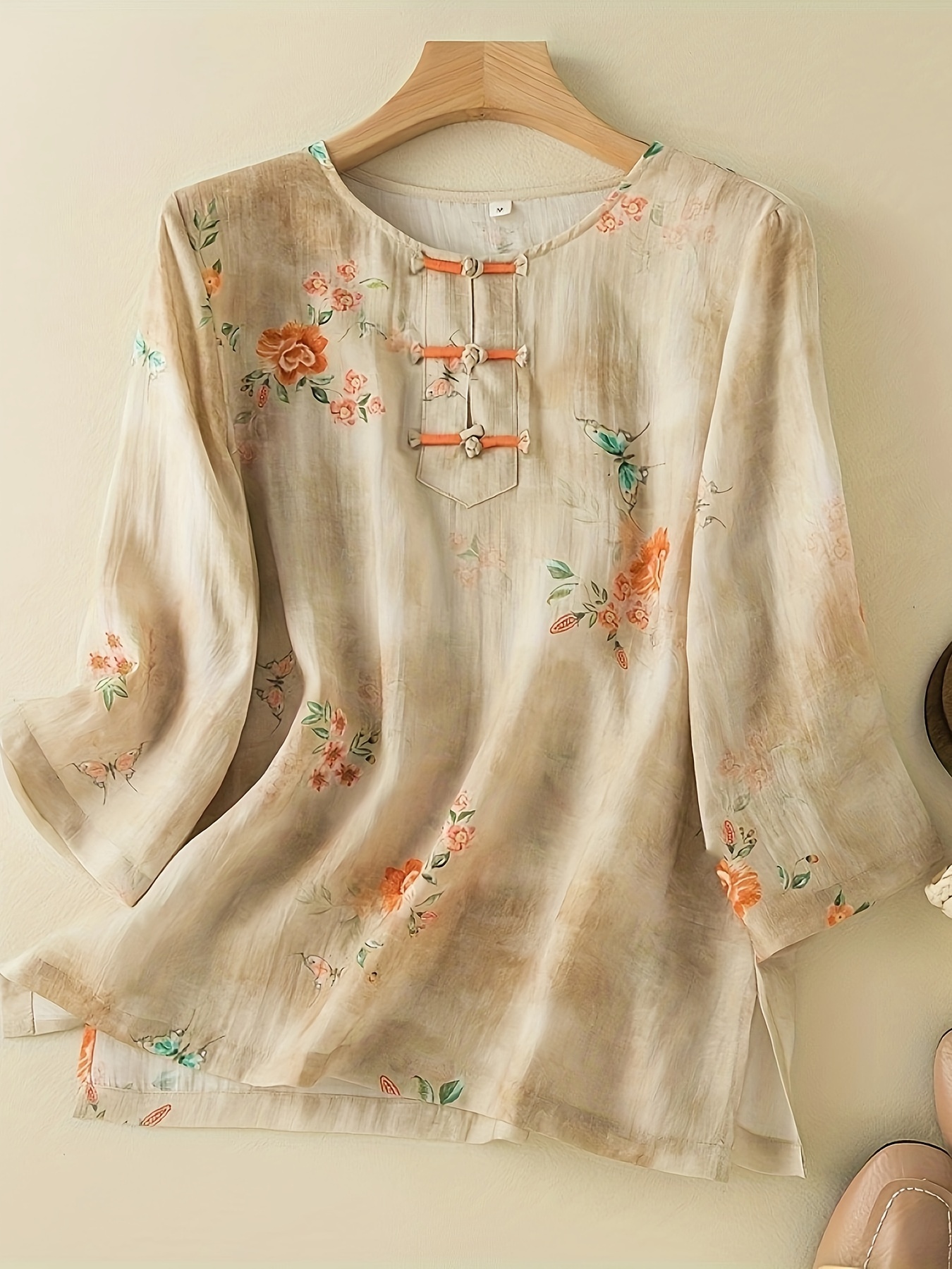 Floral Pattern Solid Blouse Vintage Short Sleeve Chinese - Temu