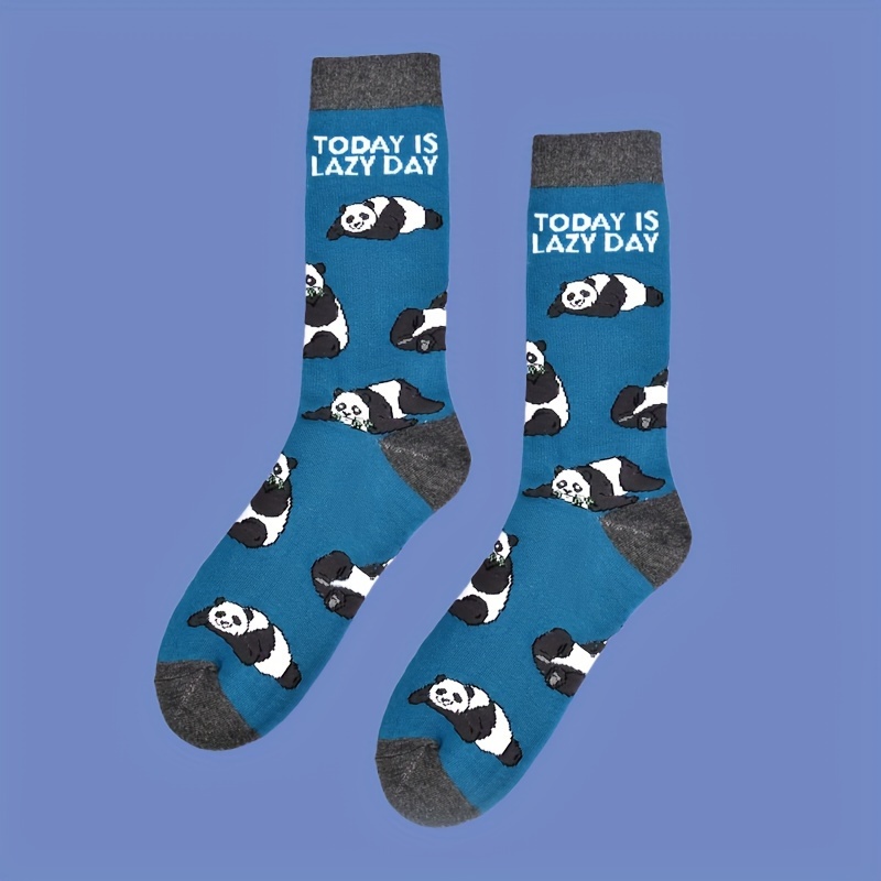 

1 Pair Of Men's Novelty Cartoon Panda Pattern Crew Socks, Breathable Cotton Blend Comfy Casual Unisex Socks For Men's Outdoor Wearing All Seasons Wearing