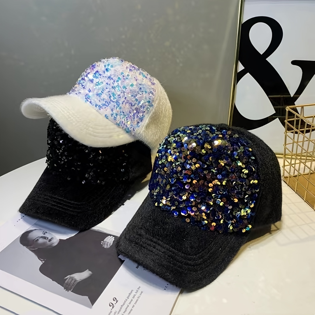 Shiny Sequins Plush Baseball Cap Thickened Coldproof Dad Hat Lightweight  Adjustable Sun Hats For Women Autumn & Winter