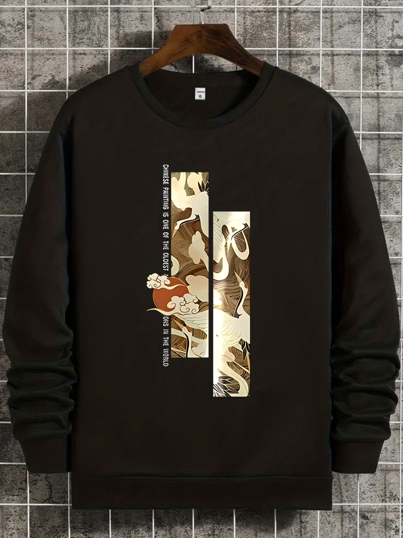 Men's Cloud & Crane Graphic Sweatshirt, Casual Crew Neck Long