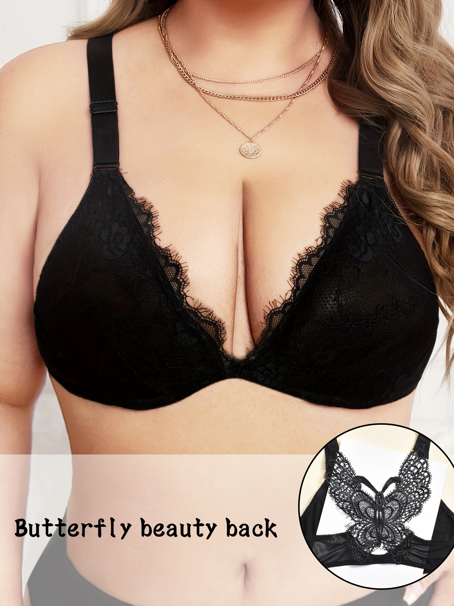 Plus Size Sexy Lace Underwire Plunge Butterfly Bra & Panty