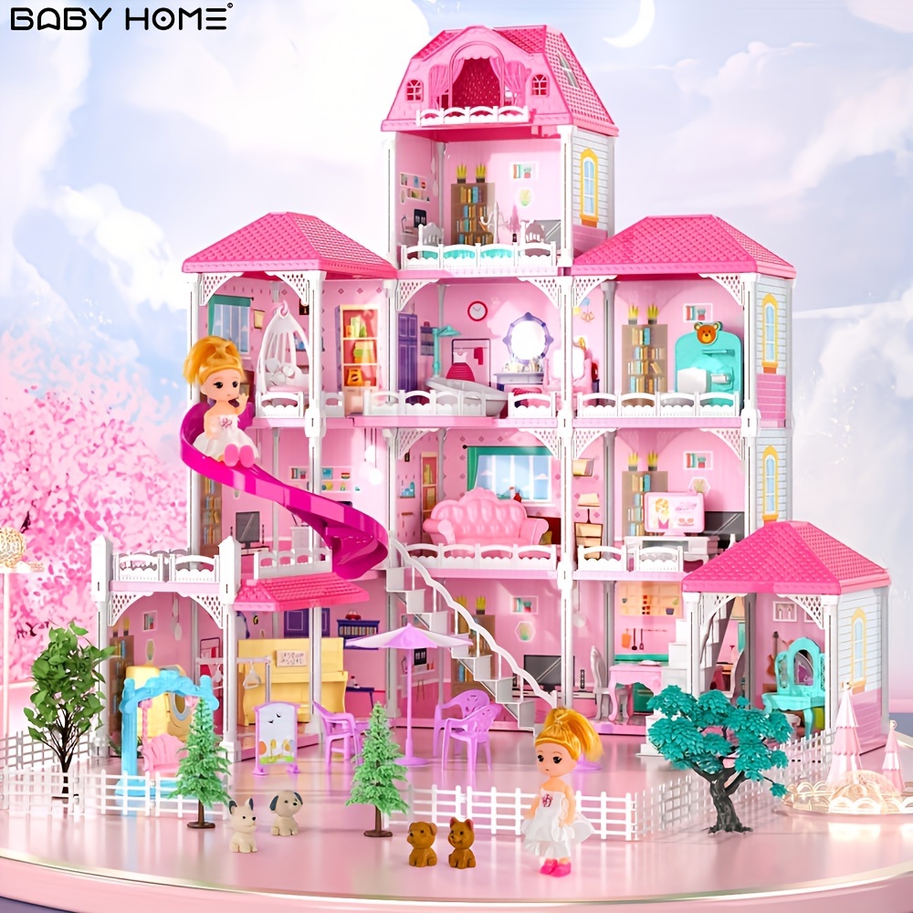 Dream Doll House - Juguetes para niñas de 4 pisos, 12 habitaciones, casa de  juegos de 4 a 5 años con 2 muñecas, accesorios de muebles para casa de