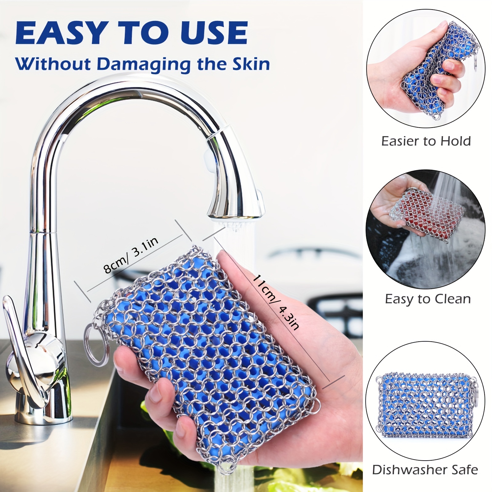 Cast Iron Skillet Cleaner,316 Stainless Steel Chainmail Cleaning Scrubber,built-in  Silicone Scrubberfor Kitchen Cookware Bbq Tools,dishwasher Safe