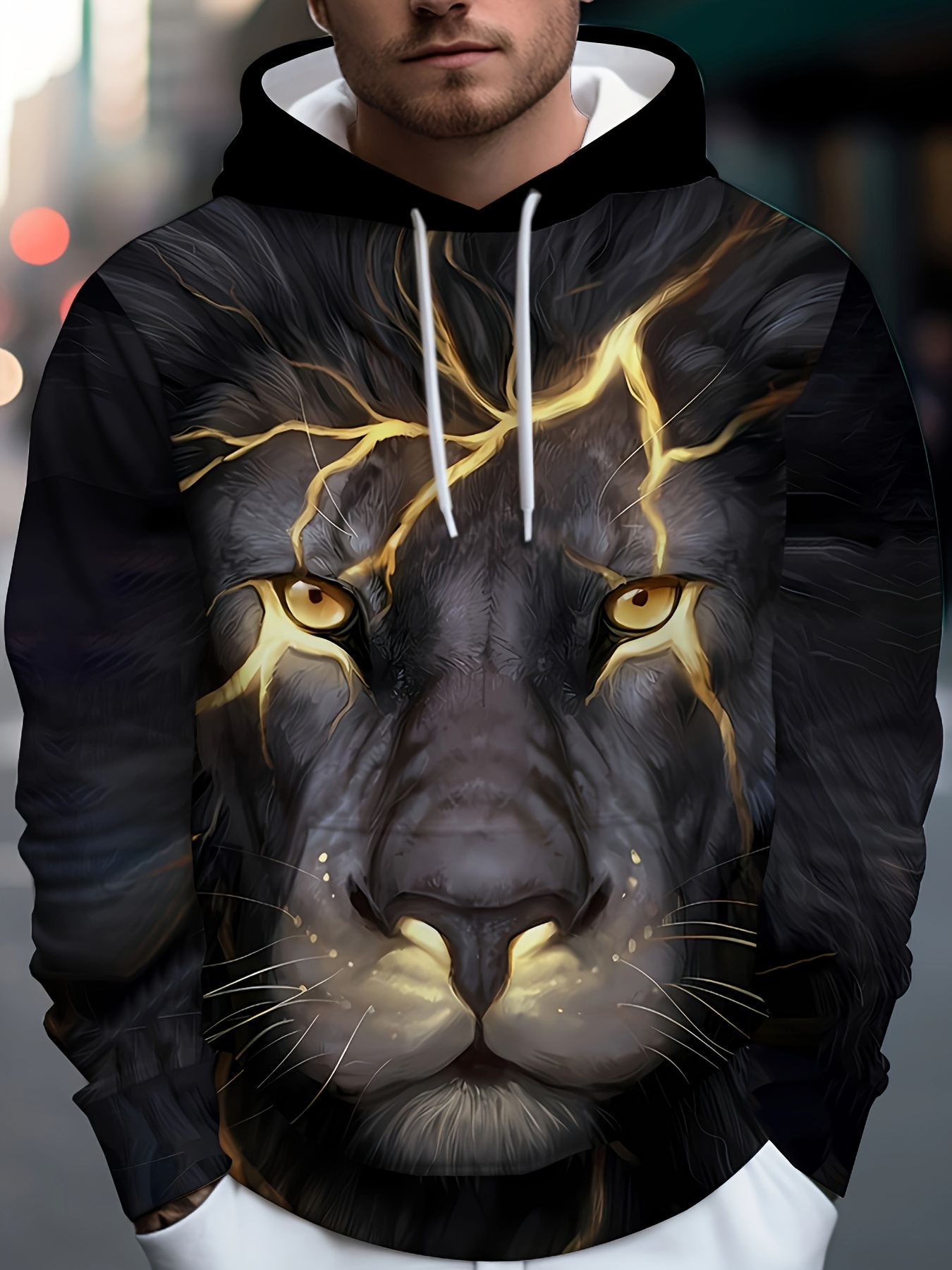 Men's Stylish Lion Graphic Hoodie Active Slightly Stretch - Temu