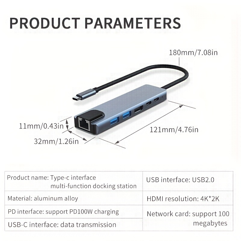 USB Type C Hub Adapter Dock with 4K HDMI PD RJ45 Ethernet Lan Charge for  MacBook