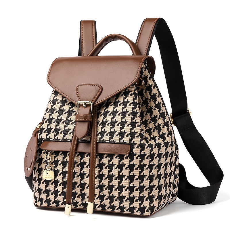 Houndstooth Flap Backpack, Drawstring Design Daypack, Women's Simple Travel  School Bag With Pendant