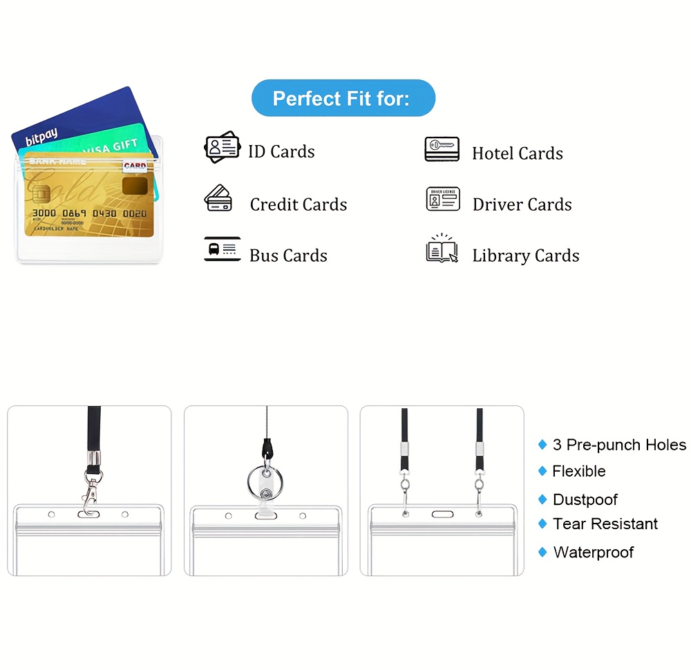10 Pack ID Card Holders, Horizontal ID Badge Holder, Premium Clear Plastic ID  Holders for Badges, Three Holes Pre-Punched, Card Protector Waterproof for  Work ID Card, Name Tag, Driver License 