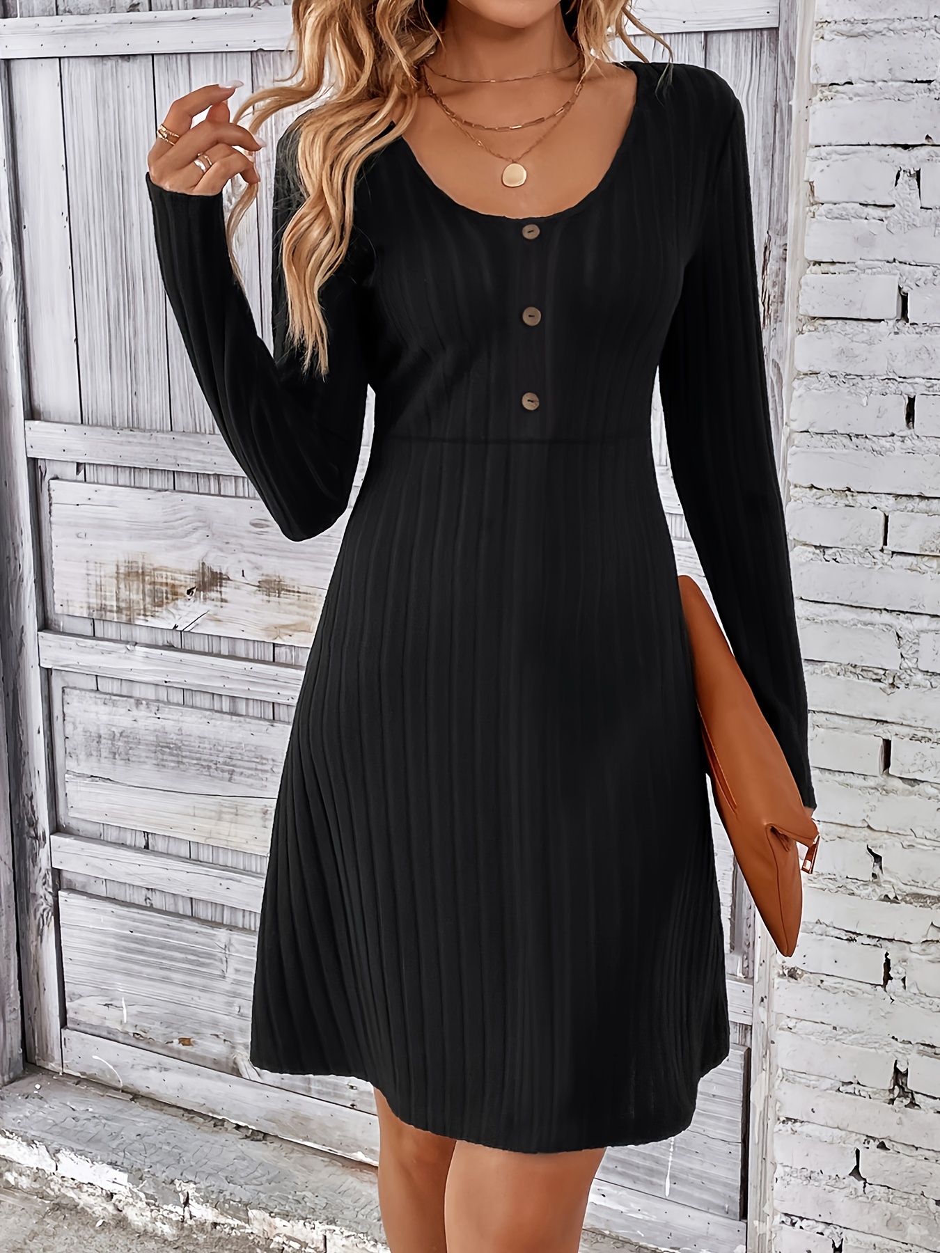 solid button decor slim dress elegant crew neck long sleeve dress for spring fall womens clothing