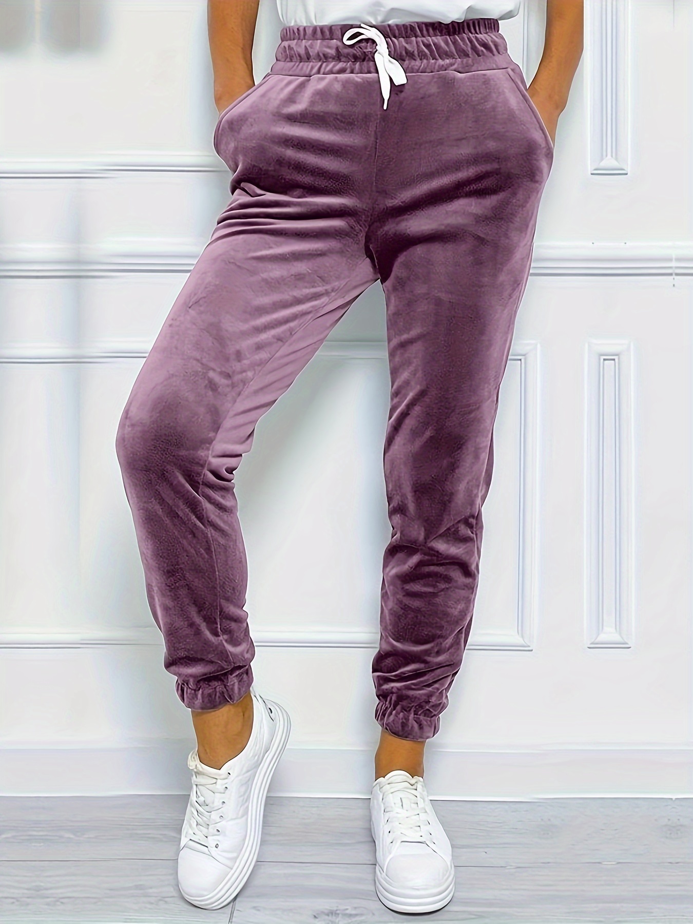 Solid Velvet Skinny Pants Elegant Elastic Waist Cozy Pants - Temu Canada