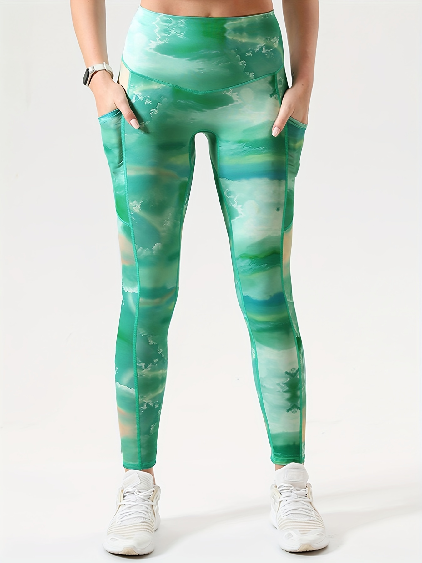 Womens Green Camo Athletic Pocket Leggings | Yoga Pants | Footless Tights