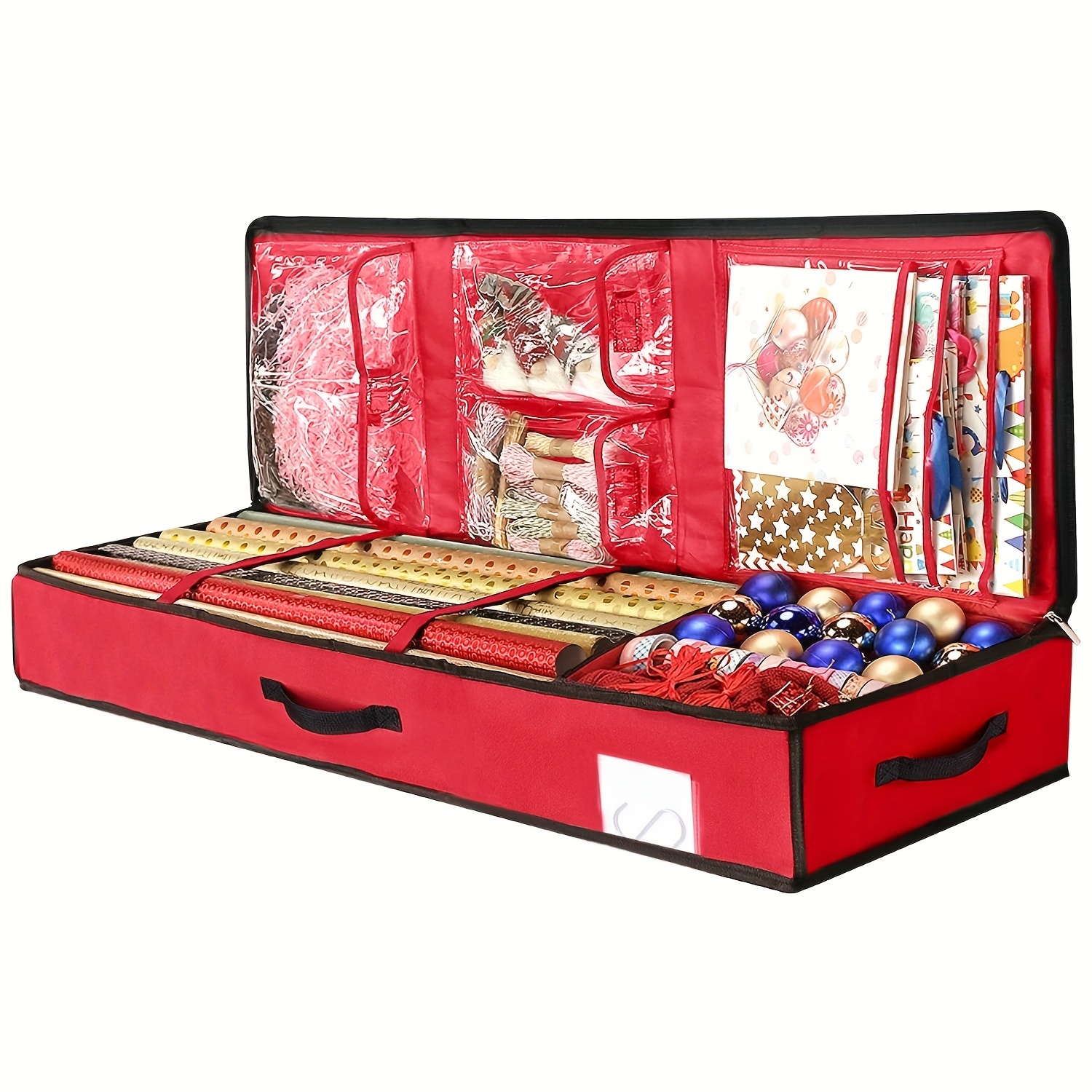 wilbest Underbed Gift Wrap Organizer, Wrapping Paper Storage Box and Interior Pockets, Fits 18-24 Standard Rolls, Underbed Storage Holiday, Red
