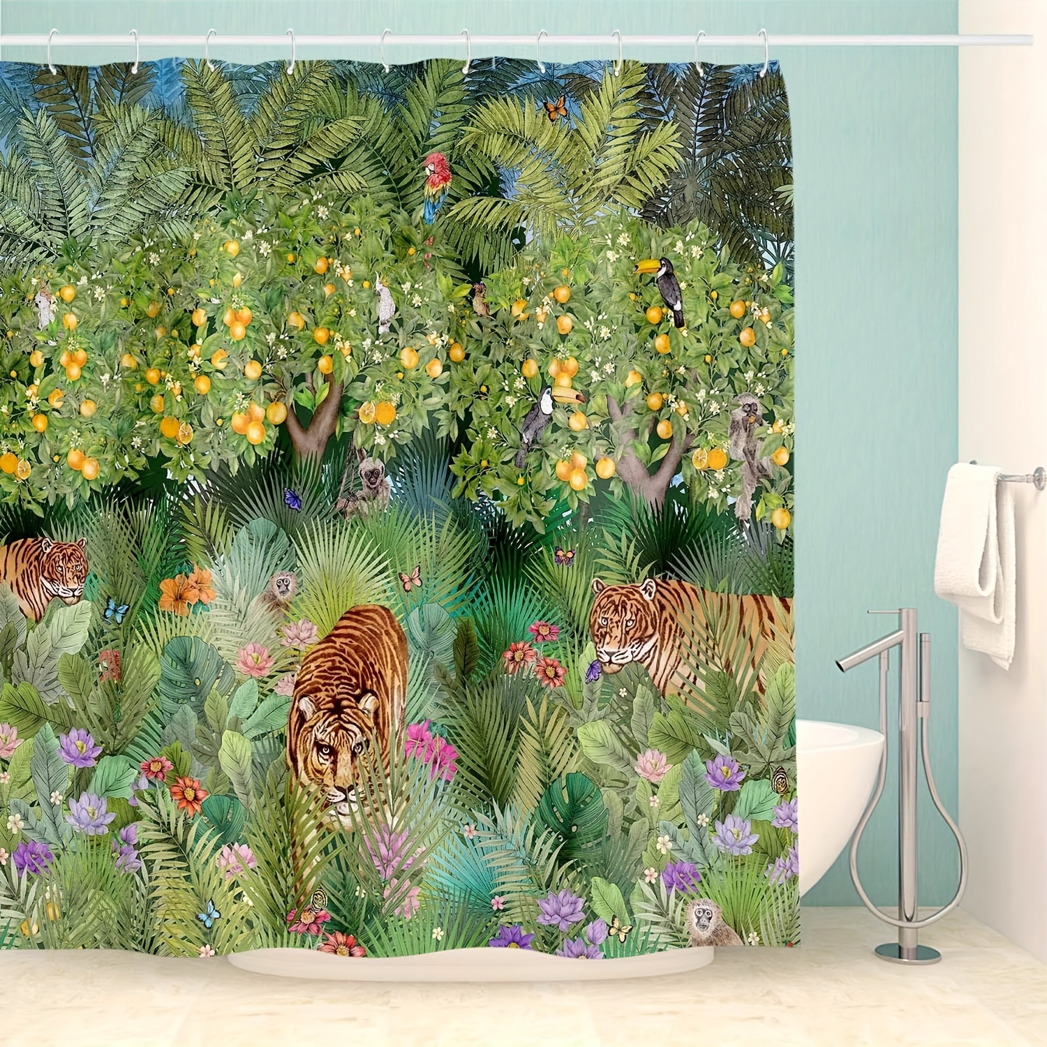 Tropical Animal Plants Flower Shower Curtain Bathroom Tiger - Temu ...