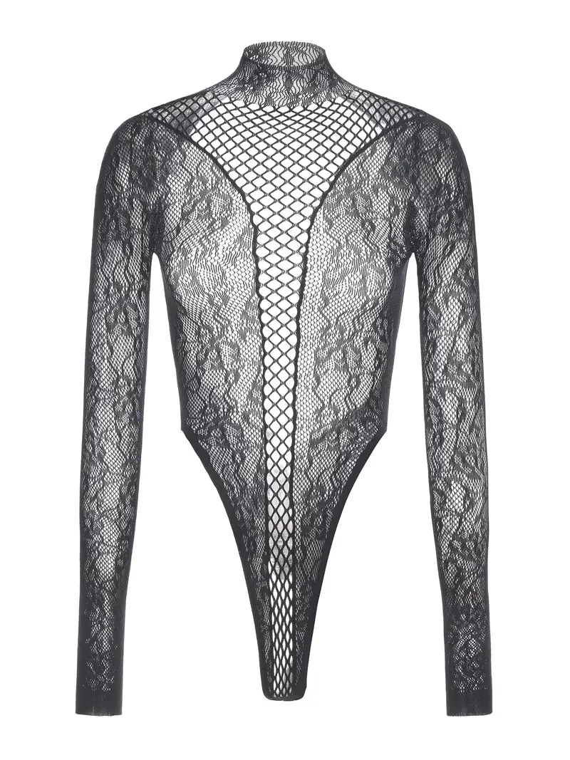 Womens Floral Lace Long Sleeves Bodysuit Deep V Neck Backless