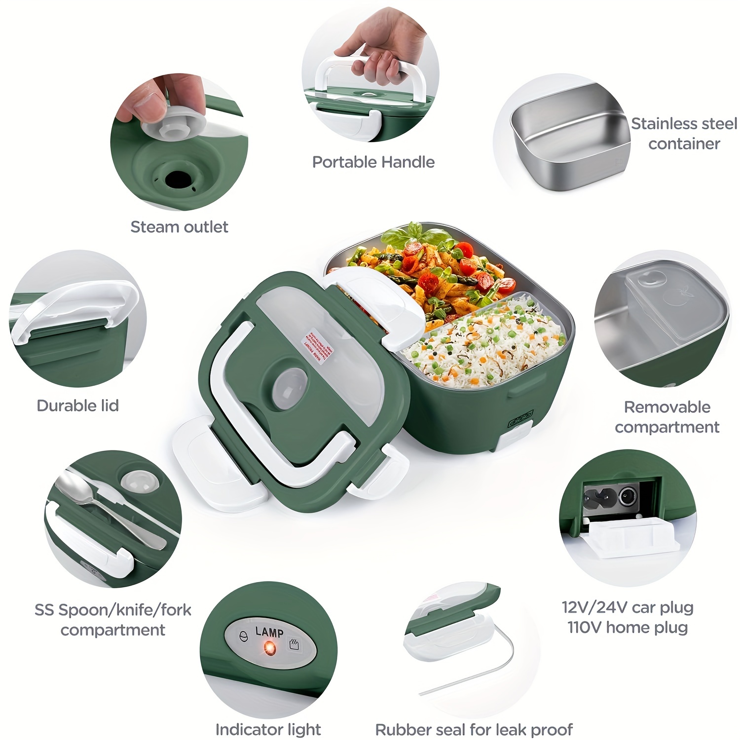 Electric Lunch Box [upgraded], High-power Food Heater, 12v 24v 110v 3 In1  Portable Microwave For Car/truck/home - Leak Proof, Removable 304 Stainless  Steel Container Fork & Spoon And Carry Bag - Temu