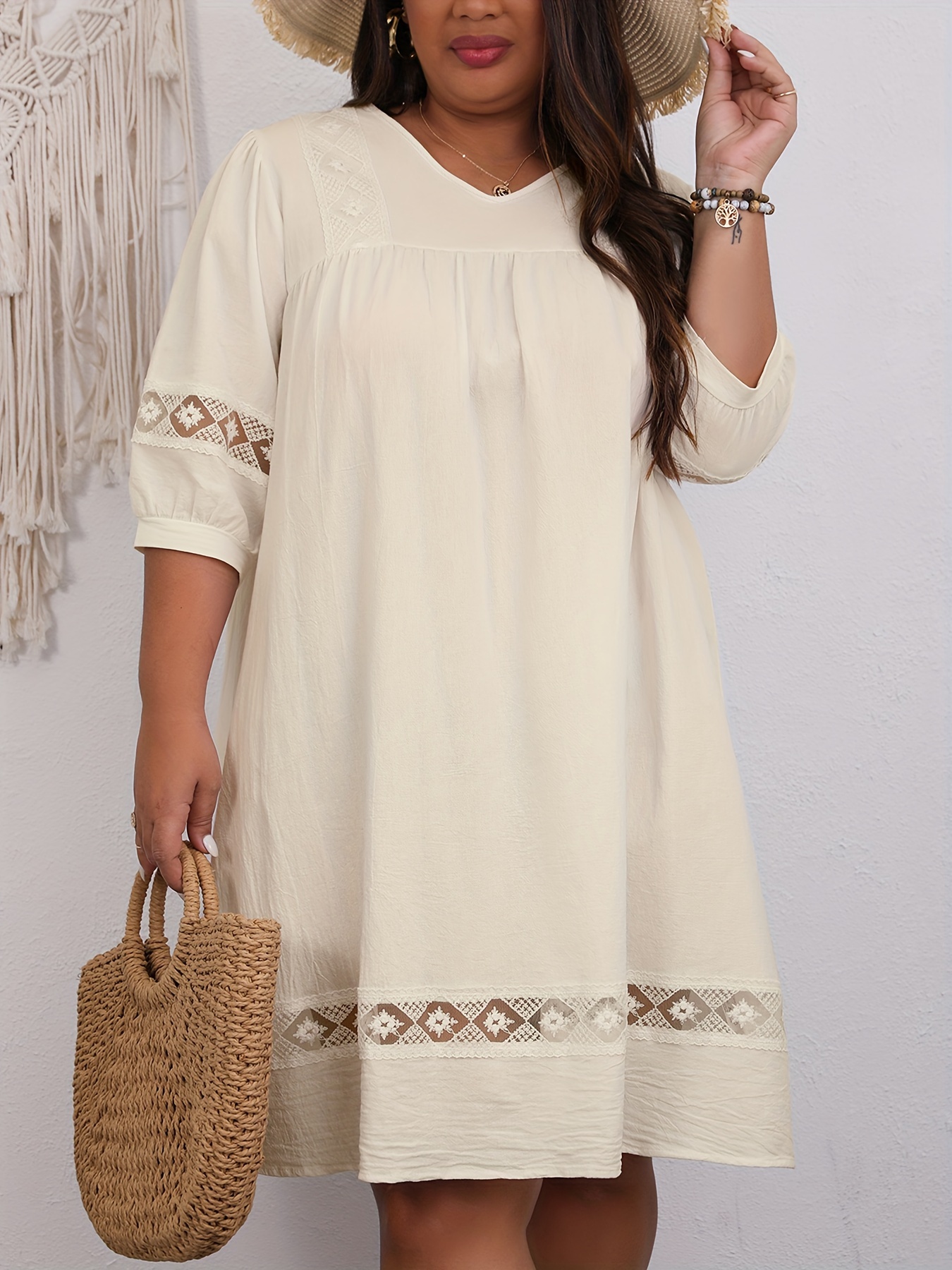 Plus Size Casual Dress Women's Plus Solid Contrast Lace Temu