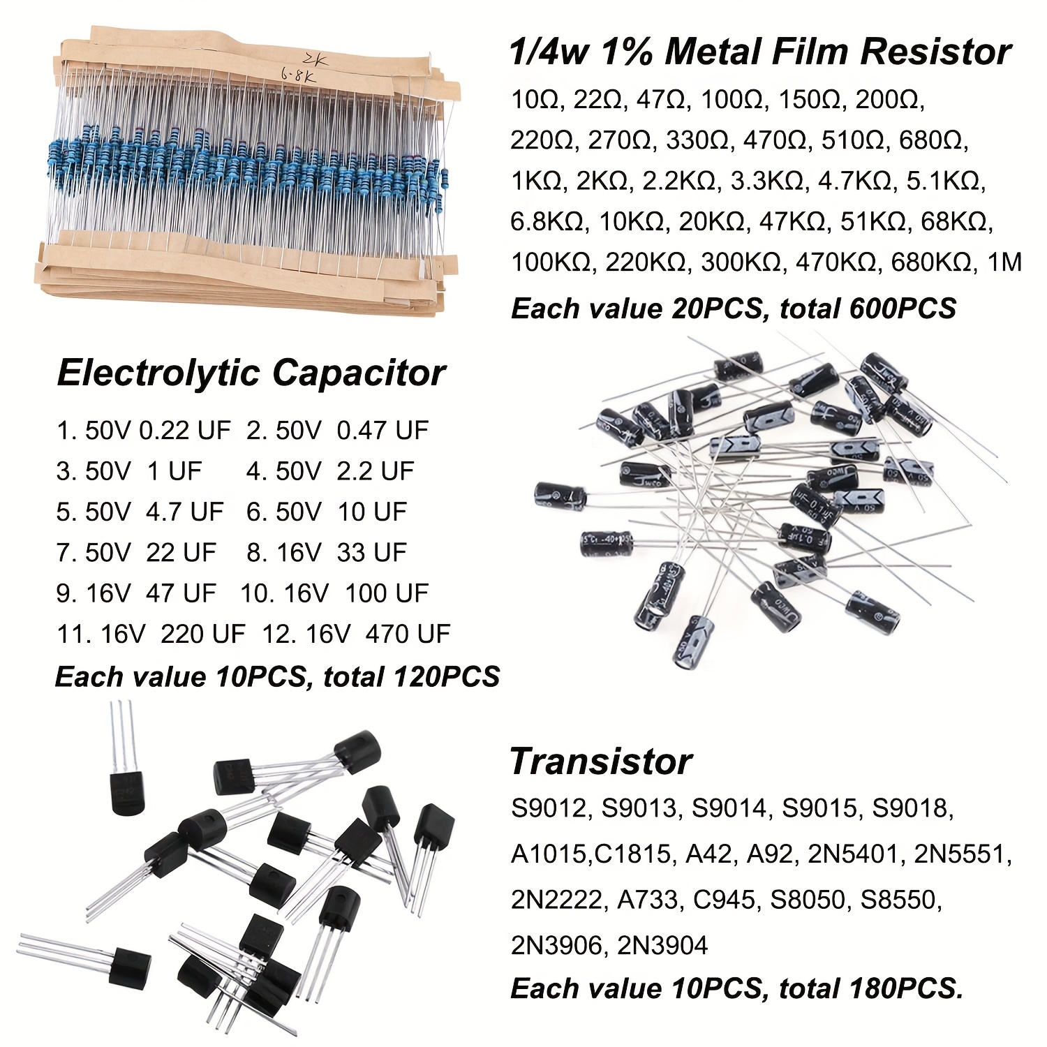 1400pcs Kit De Componentes Eletrônicos Básicos, Capacitor Eletrolítico, Capacitor Cerâmico, Diodo LED, Diodo Comum, Resistor, Componente Transistor Para Arduino, Projeto DIY Eletrônico