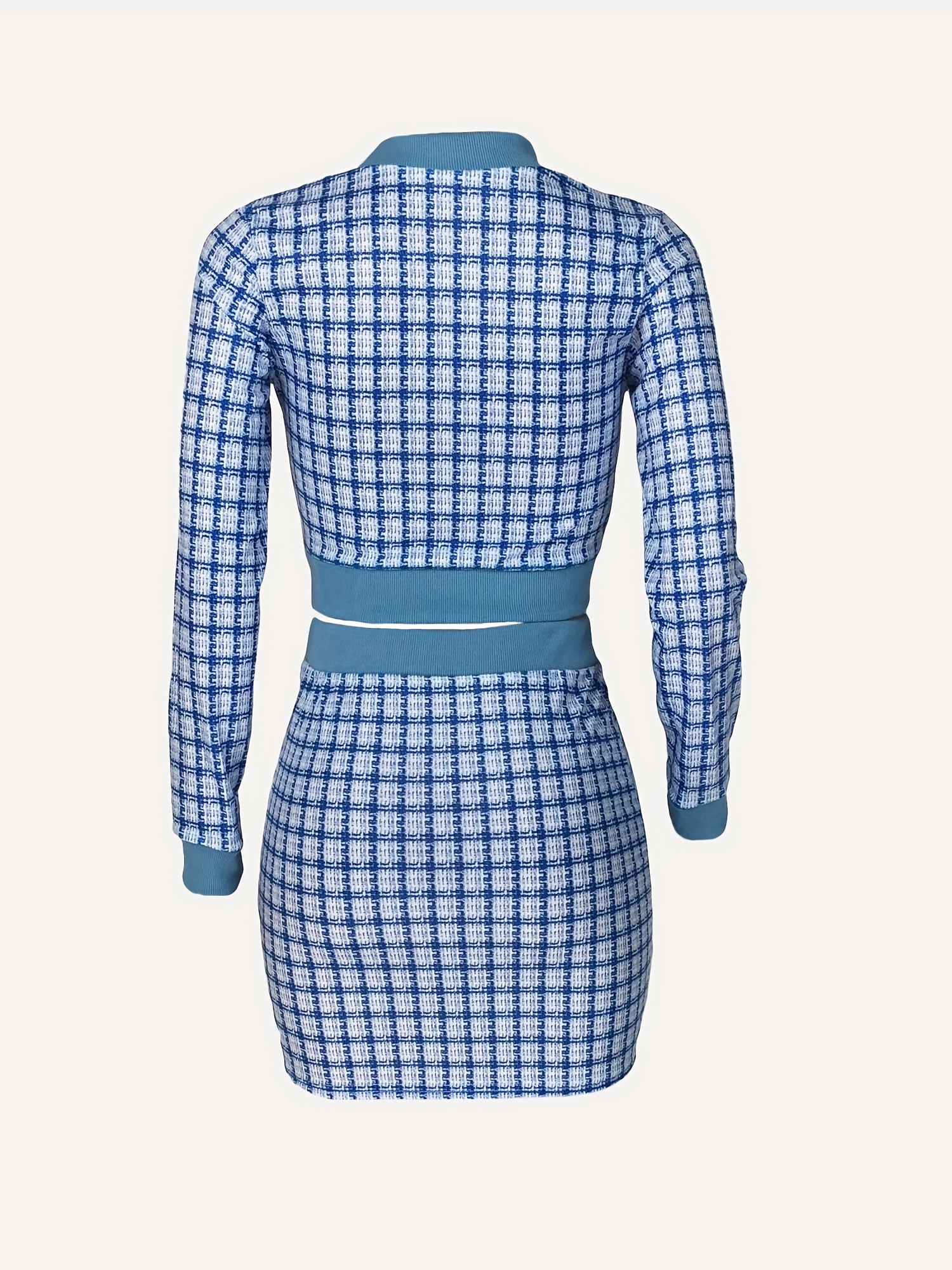 elegant plaid matching two piece set crop zip up jacket bodycon skirt outfits womens clothing details 23