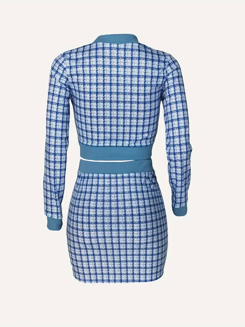 elegant plaid matching two piece set crop zip up jacket bodycon skirt outfits womens clothing details 23