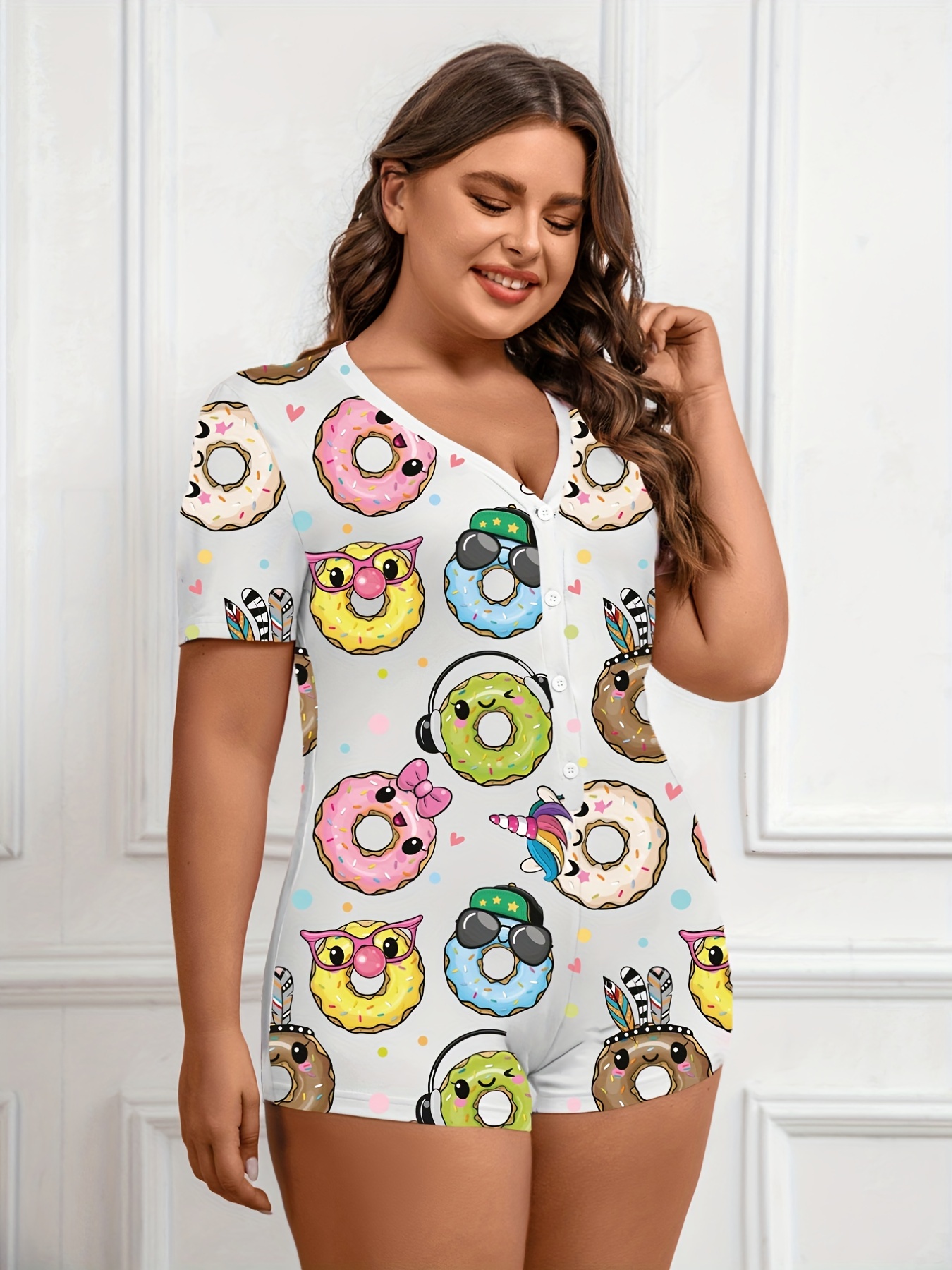 Plus Size Cute Pajama Romper Women's Plus Colorful Donut - Temu