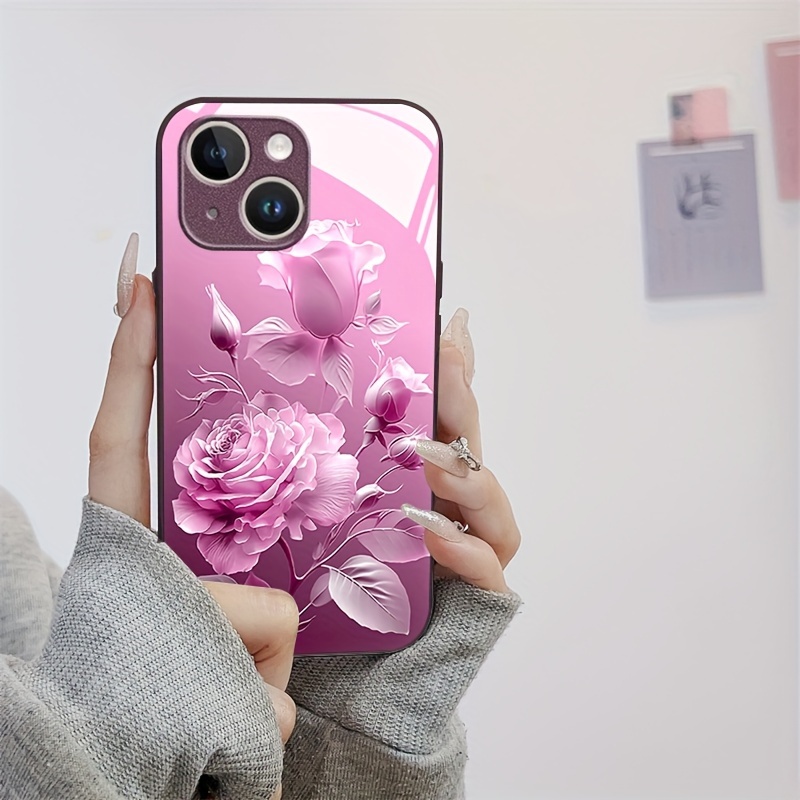 

Creative Rose Pattern Phone Case For 15 14 13 12 11 X/xs Xr Xs Pro Max Plus Rose Metallic Lacquer Silicone Glass Straight Edge New All-inclusive Case